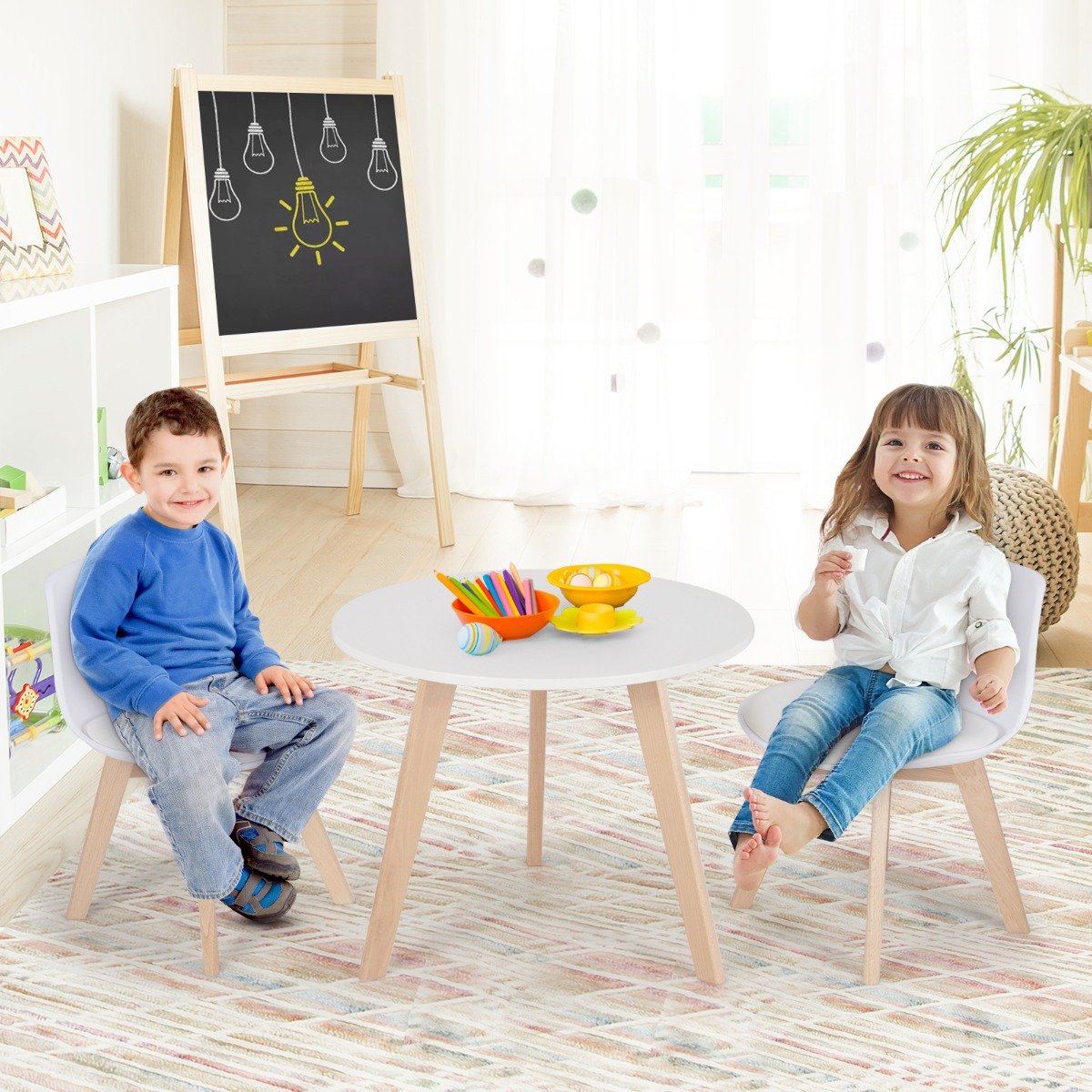 3 TLG. Kindersitzgruppe mit Runden Tisch & 2 Gepolsterten Stühlen für Kleinkinder von 3-8 J.