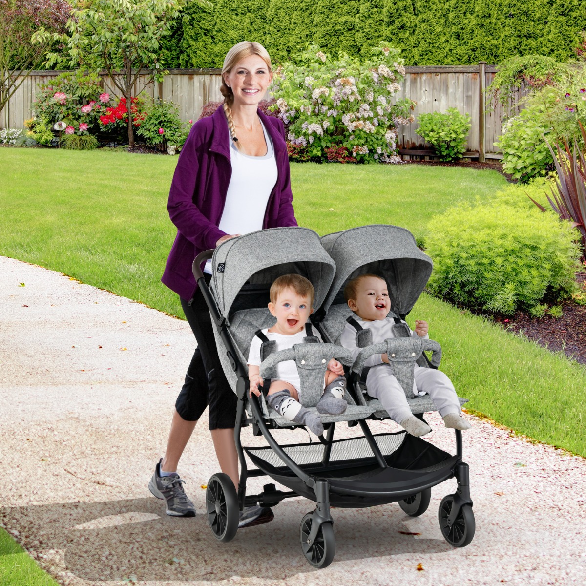Doppel-Kinderwagen Geschwisterwagen mit Individueller Neigung 105 x 78,5 x 106 cm Grau