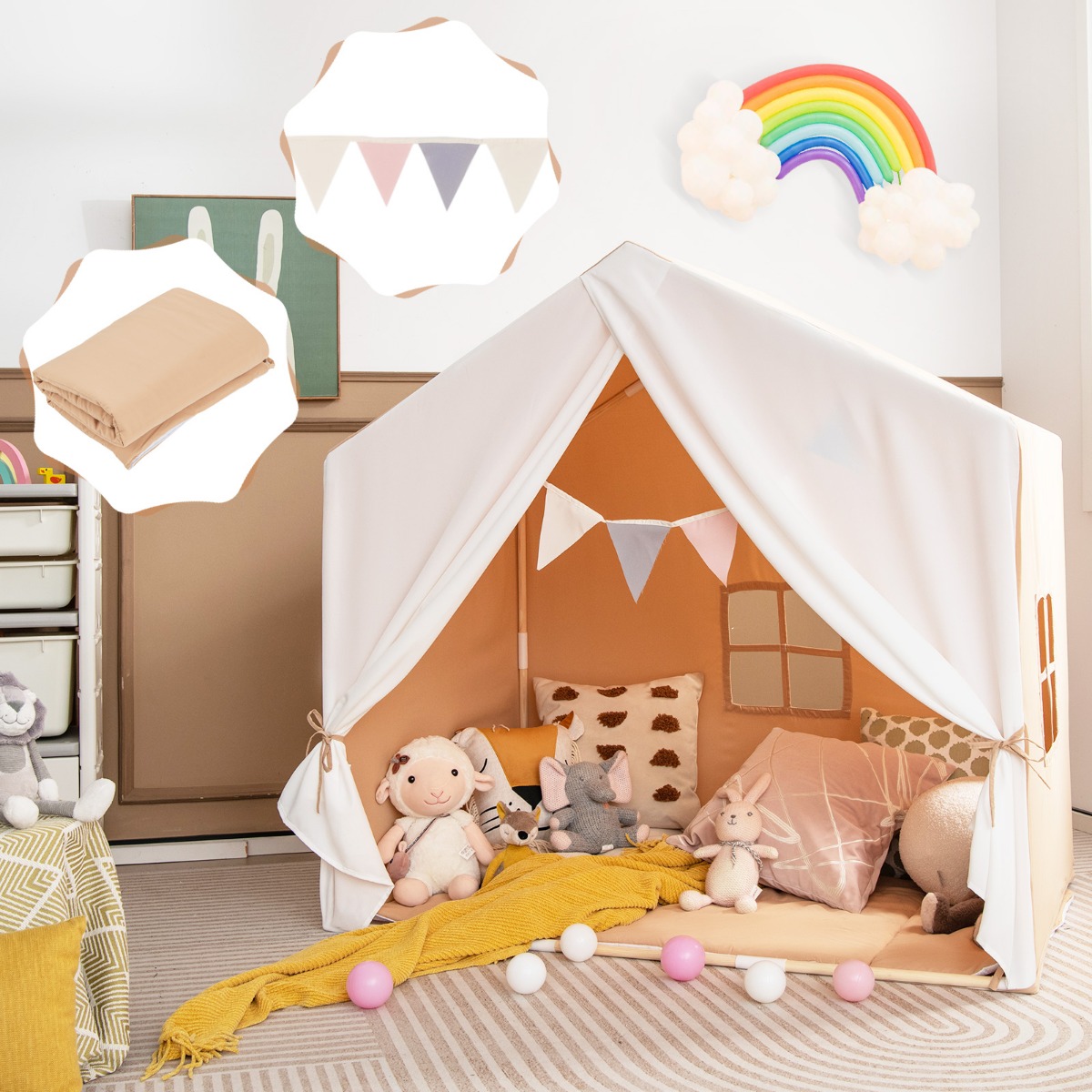 Kinderzelt mit waschbarer Baumwollmatte & Flaggenbanner Spielzelt mit Fenstern 131 x 91 x 131 cm Hellbraun