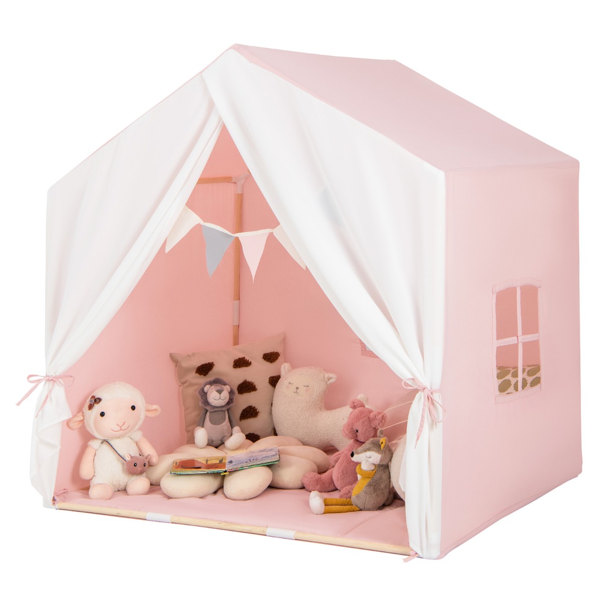 Kinderzelt mit waschbarer Baumwollmatte & Flaggenbanner Spielzelt mit Fenstern 131 x 91 x 131 cm Rosa