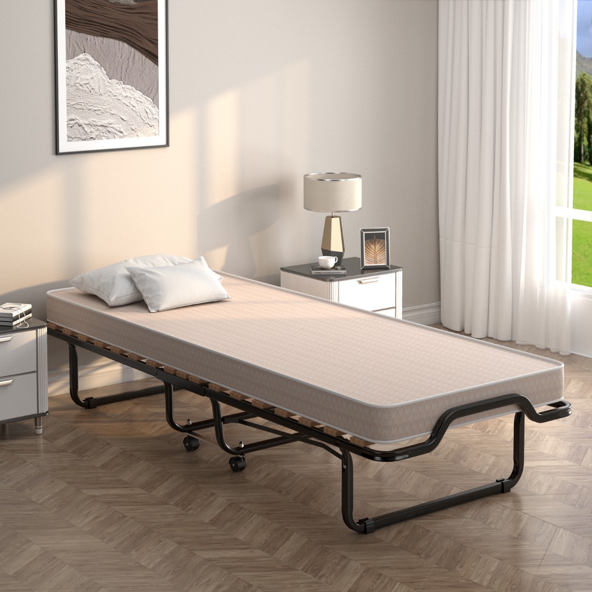 Klappbett Rollbett mit luxuriöser Matratze 200 x 90 x 41 cm Beige Hergestellt in Italien Herkunft: Italien
