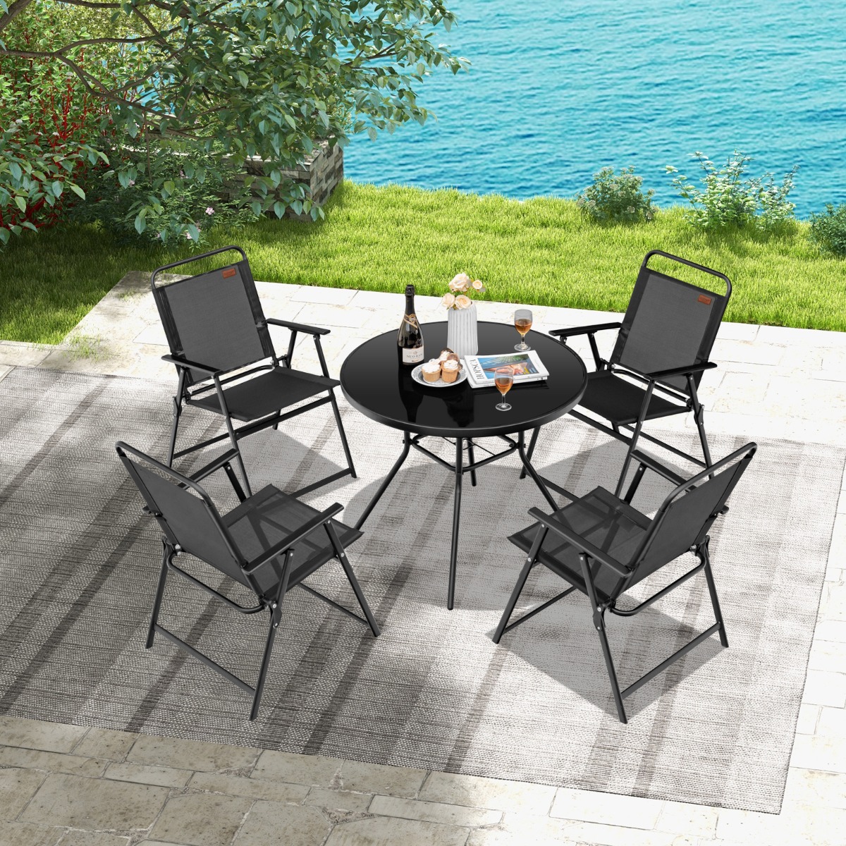 4er Set Gartenstühle mit Armlehnen & Rückenlehne & Atmungsaktivem Sitz Klappstühle Schwarz