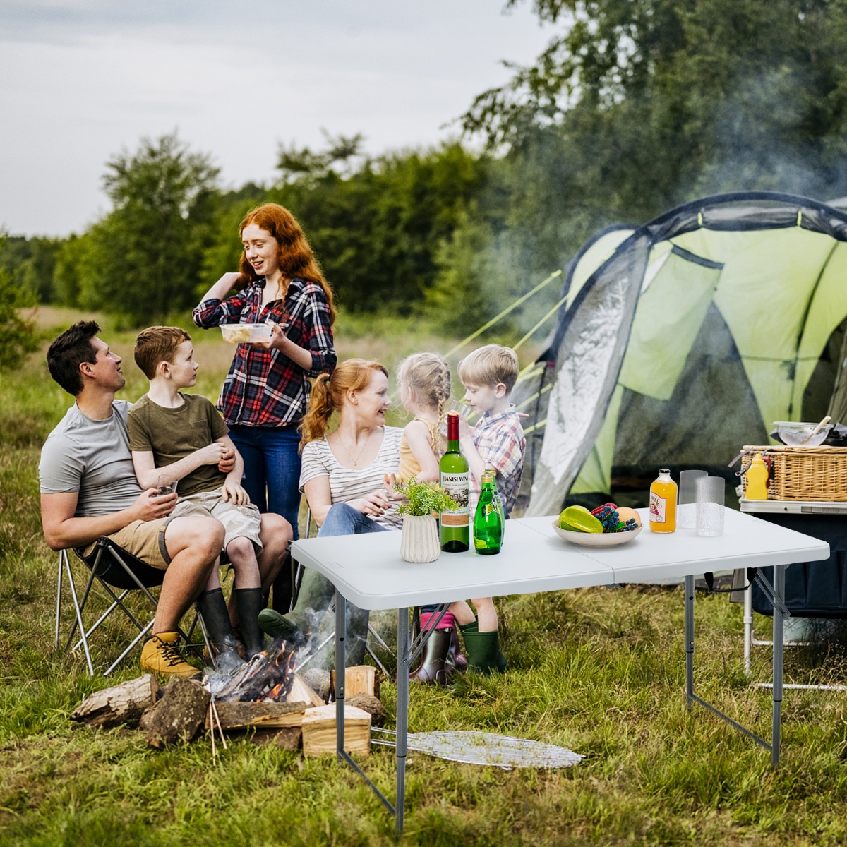 Klapptisch Zweifach Zusammenklappbarer Picknicktisch mit Höhenverstellung Weiß