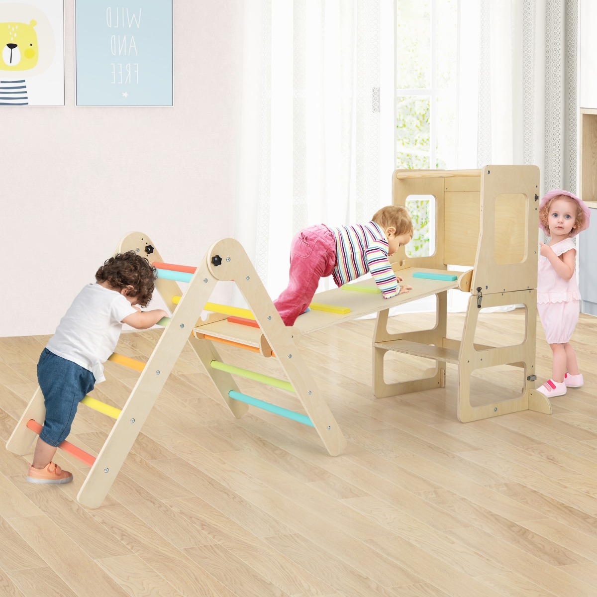 Kletterdreieck mit Rutsche 7 in 1 Klettergerüst Indoor für Kinder ab 3 Jahren Mehrfarbig + Natur