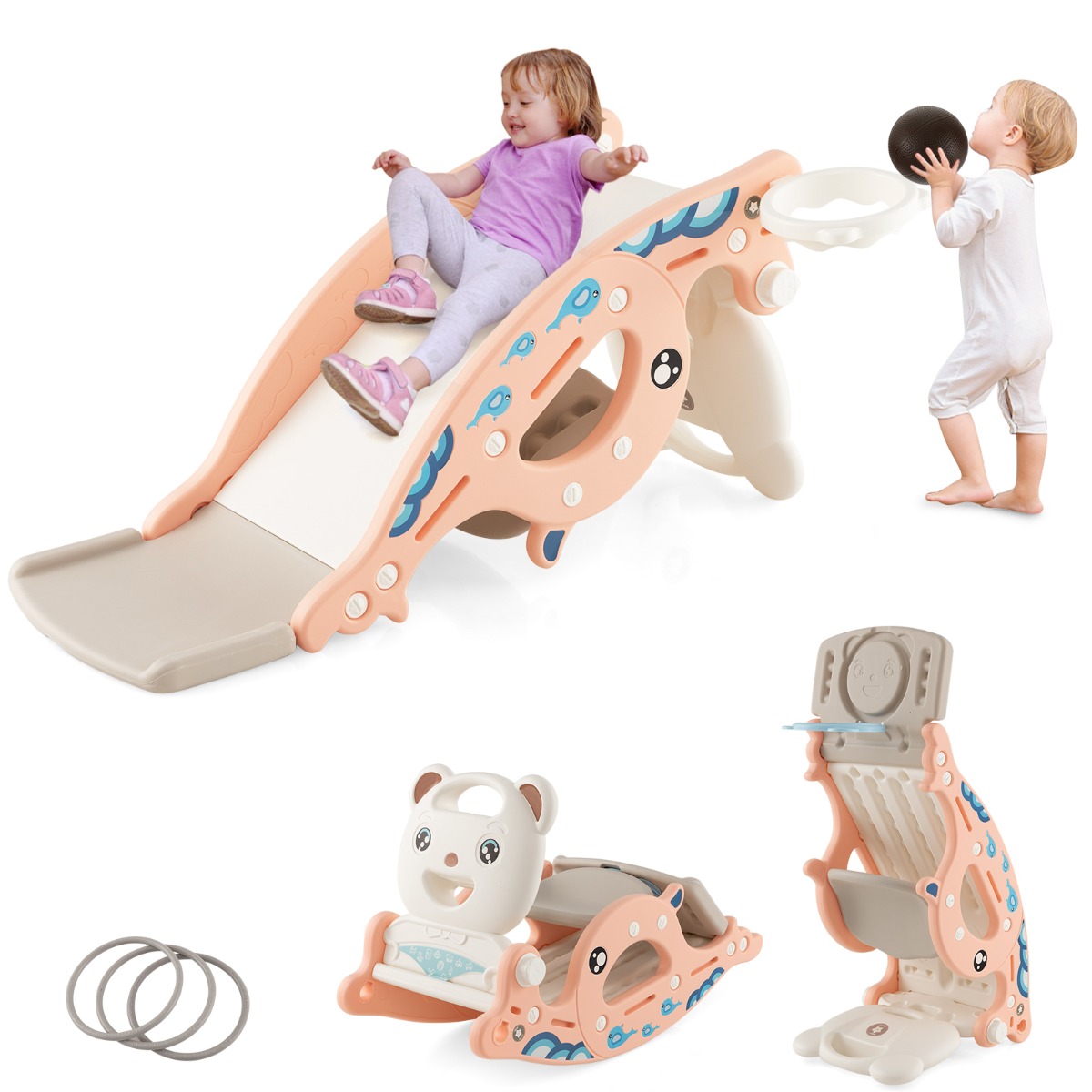 4-in-1-Rutschspielzeug für Kinder mit Basketballkorb & Ringspiel Rosa