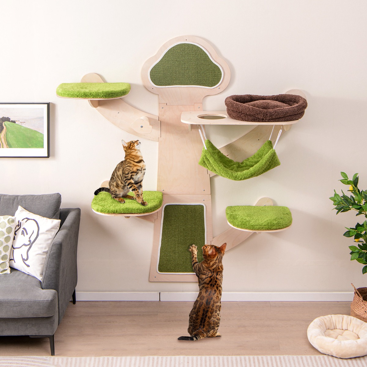 Katzenturm zur Wandmontage mit Bett & Hängematte & Sisalpfosten Katzenwandregal
