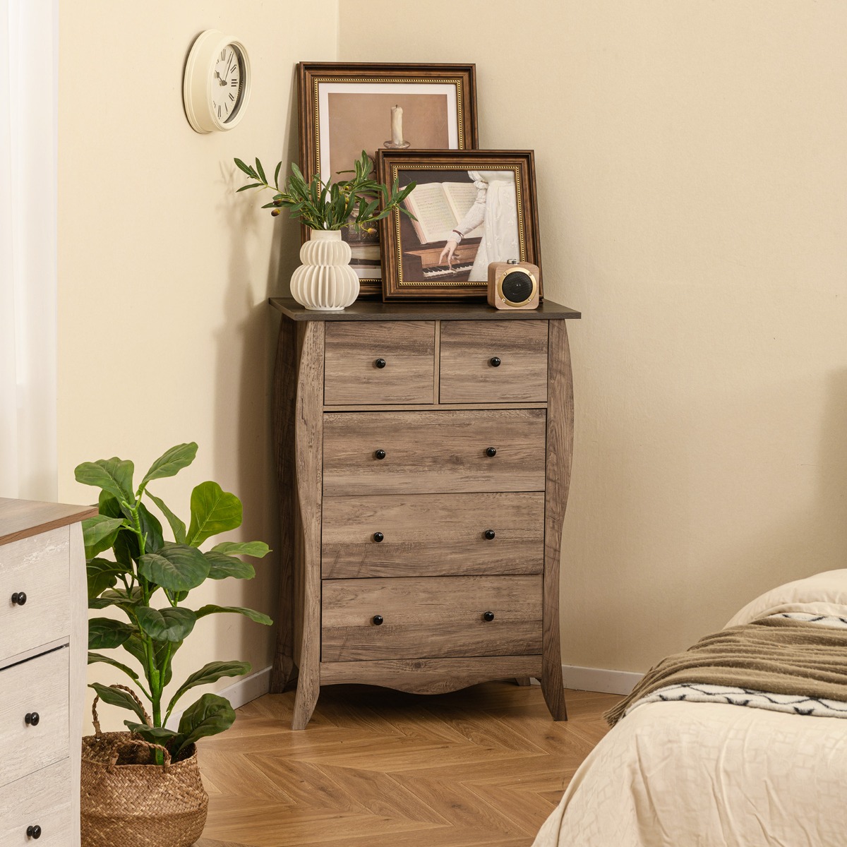 Kommode mit 5 Klappbaren Stoffschubladen Sideboard im Landhausstil Schubladenschrank Braun