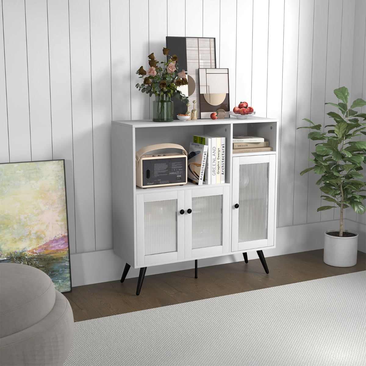 Küchenschrank aus Holz mit Glastüren mit verstellbaren Einlegeböden Sideboard Weiß
