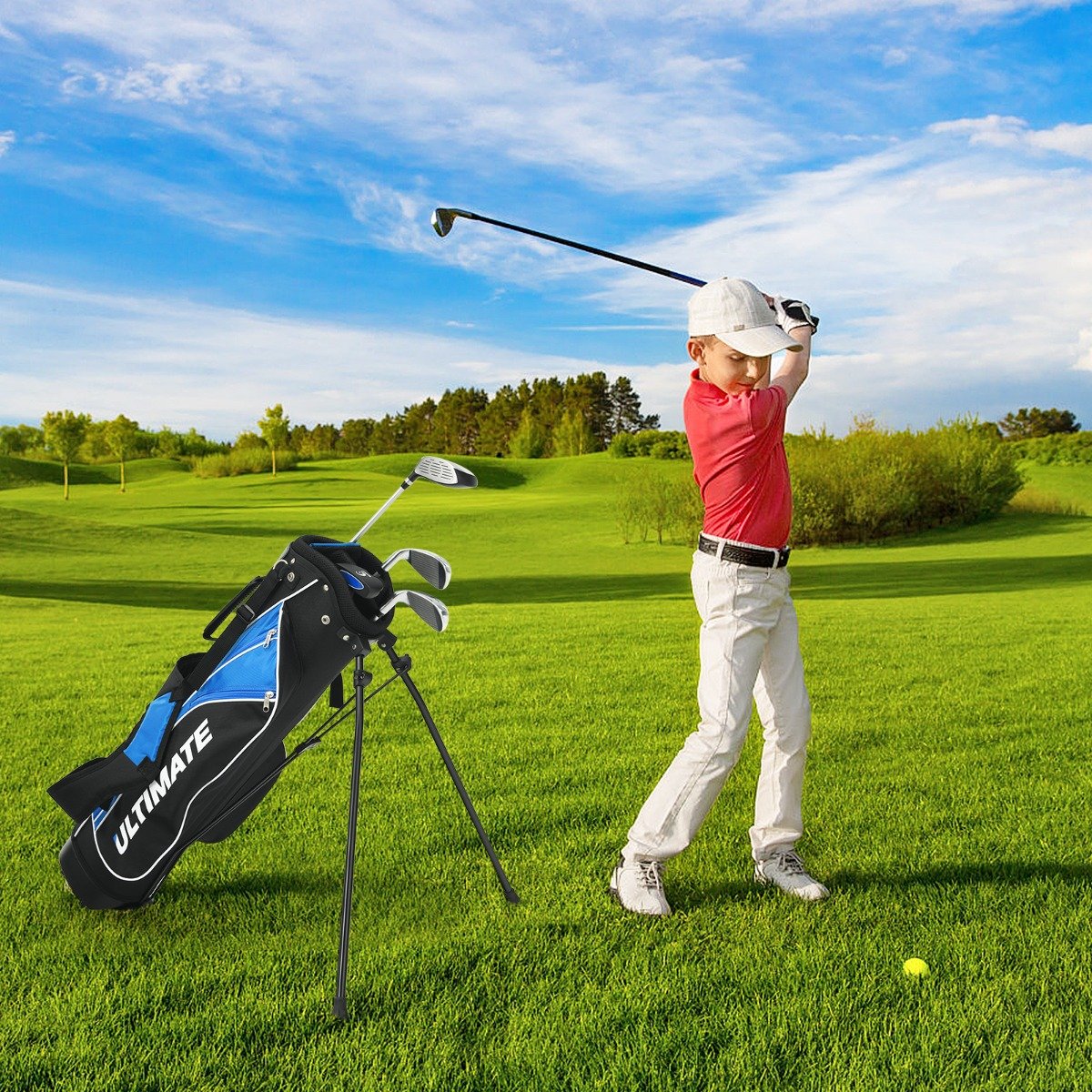 5-teiliges Kinder Golfschläger Set mit Fairway Holz Eisen 7, 9 & Putter mit Standtasche für Junior von 8-10 Jahren