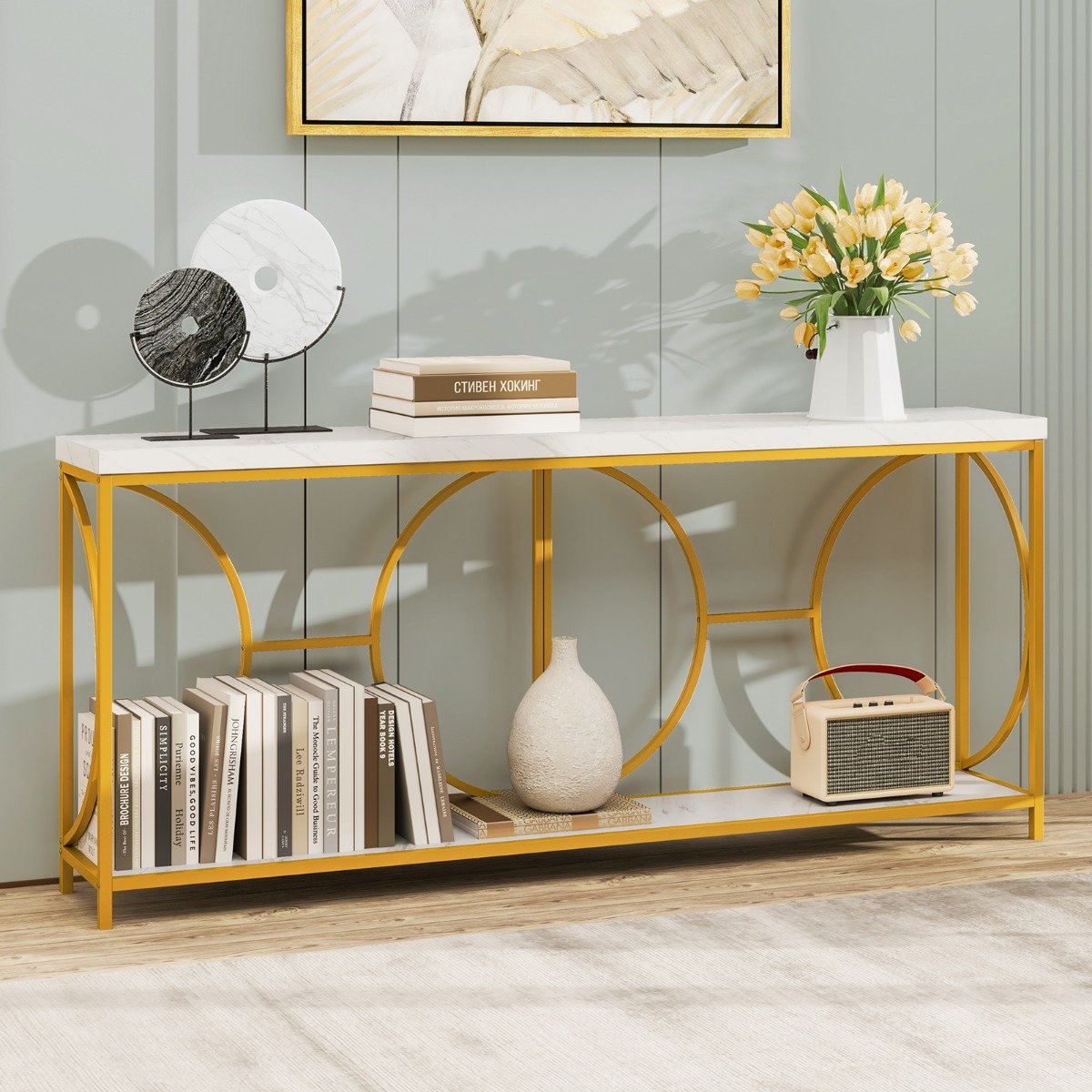 180cm Konsolentisch Eingangstisch schmal Marmor Optik Sofatisch mit geometrischem Metallrahmen
