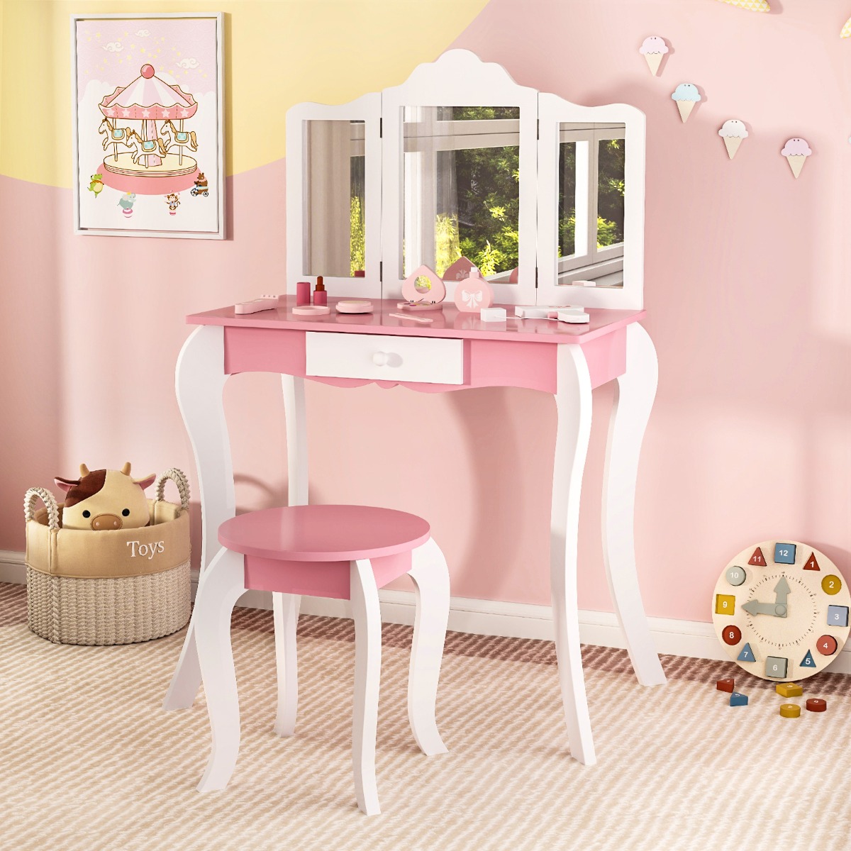 2 in 1 Kinder Schminktisch mit Hocker & 3-Fach Abnehmbarem Spiegel & Schublade Frisiertisch