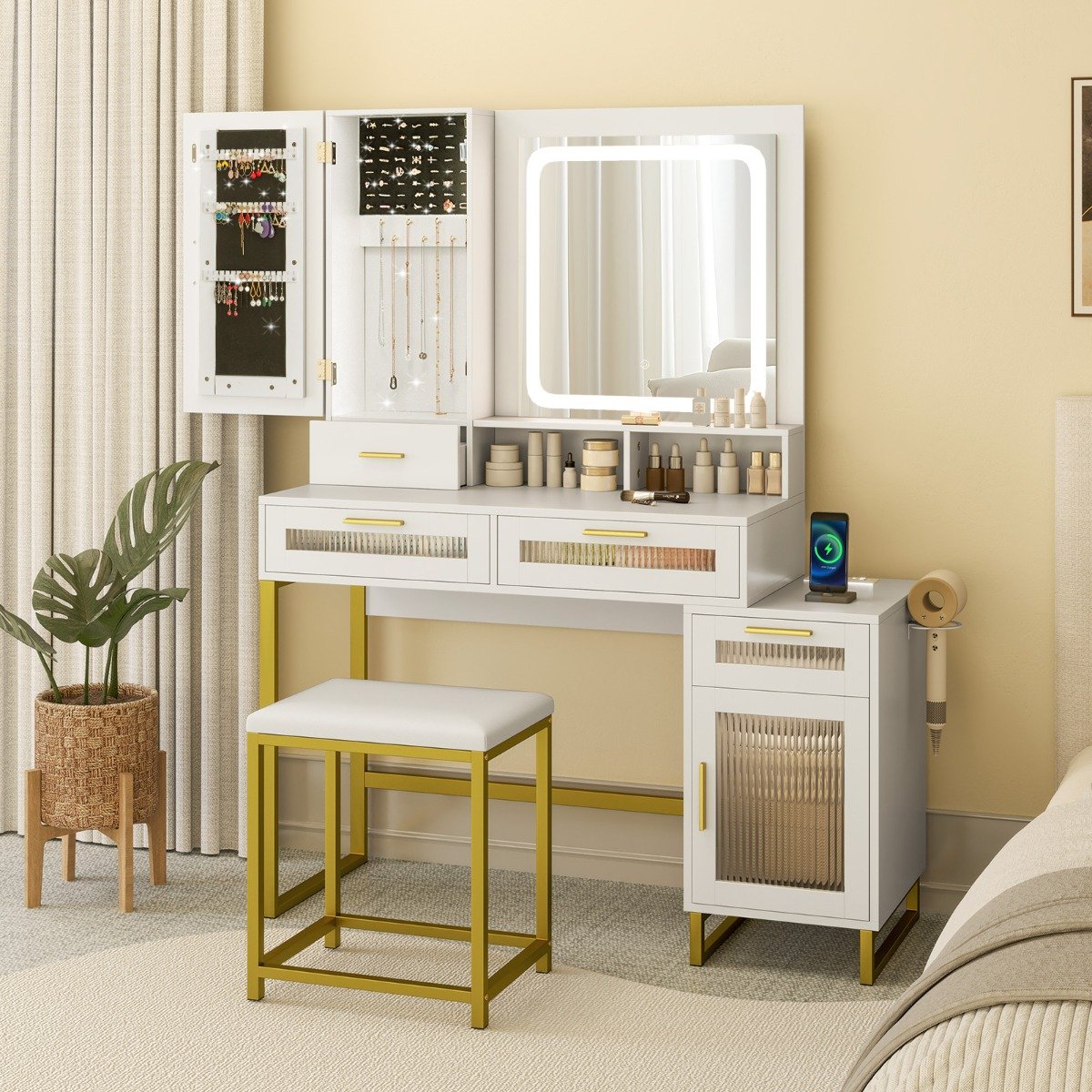 Schminktisch mit LED-Beleuchtung & Ladestation & Hocker Frisiertisch Schmuckschrank