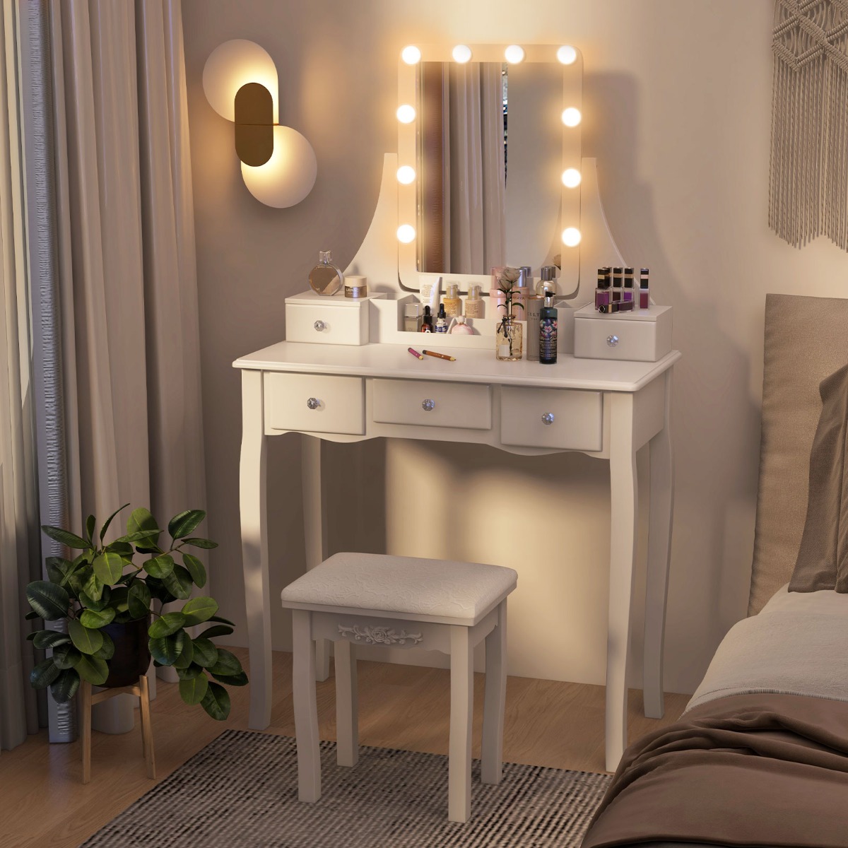 Schminktisch mit LED-Beleuchtung & 5 Schubladen & Hocker Frisiertisch Kosmetiktisch Weiß