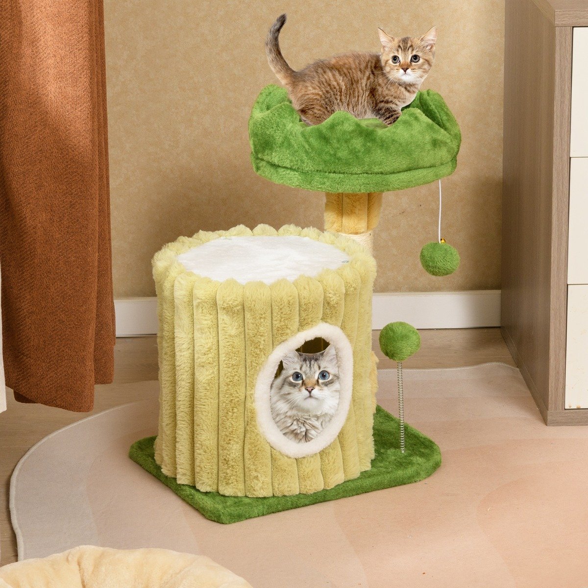 Kratzbaum Klein Katzenbaum mit Plattform Sisal-Kratzsäule Katzenhöhle & 2 Bällen Grün