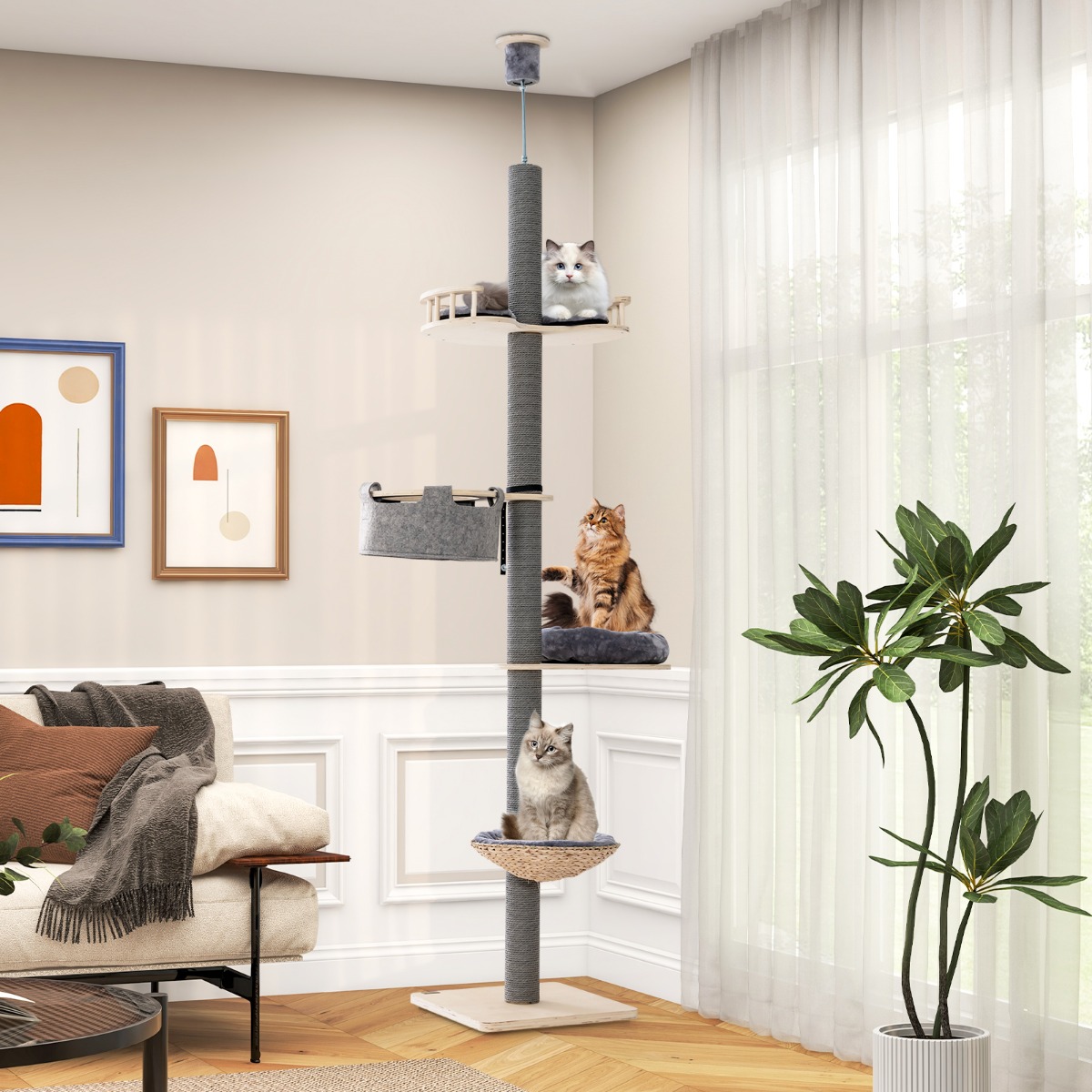 Kratzbaum deckenhoch 236-271 cm von Boden bis Decke Katzenmöbel Holz Grau