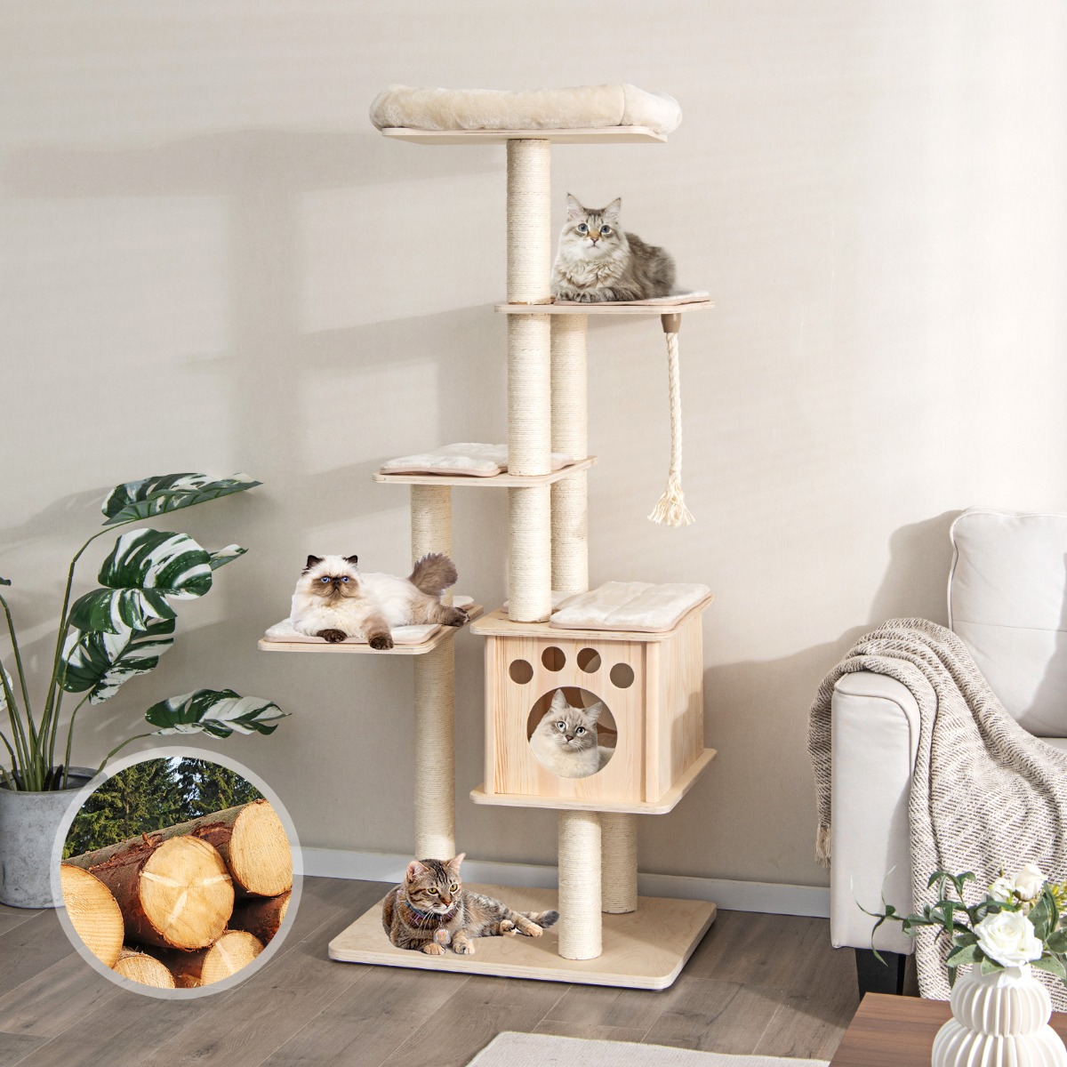 170 cm 6-stöckiger Kratzbaum aus Holz mit Gemütlicher Matten & Höhle & Sisalseil Beige