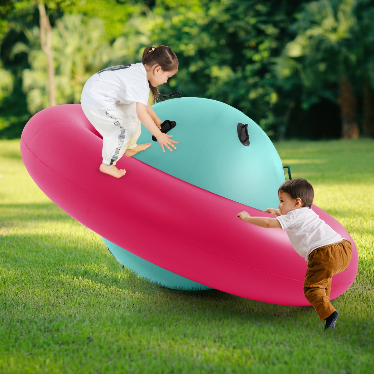 Aufblasbare Kuppelwippe für Kinder 223 cm große Kinderwippe zum Rollen Rosa + Grün