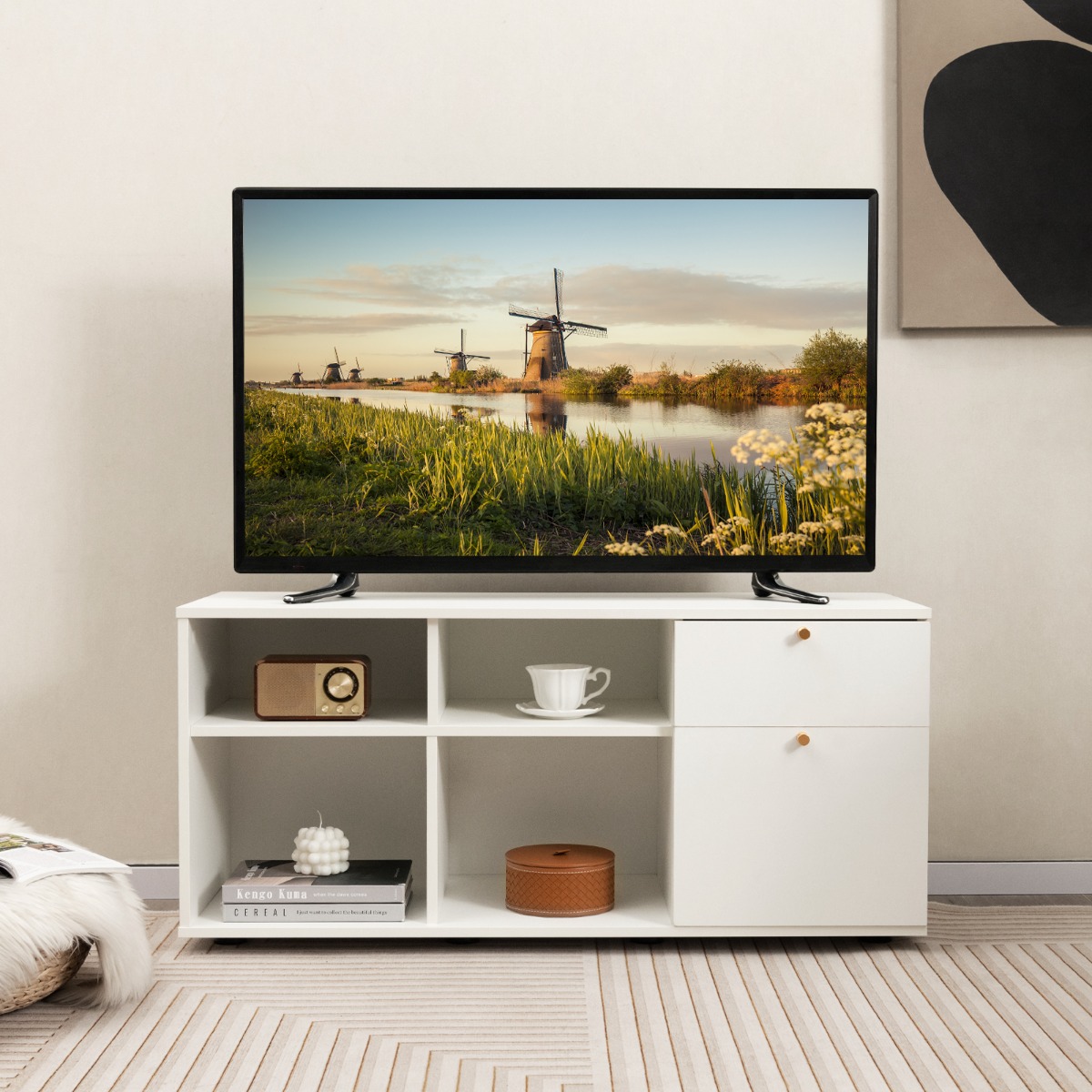 Kommode mit 2 Schubladen & 4 Fächern & Verstellbaren Füßen Sideboard TV-Schrank Weiß