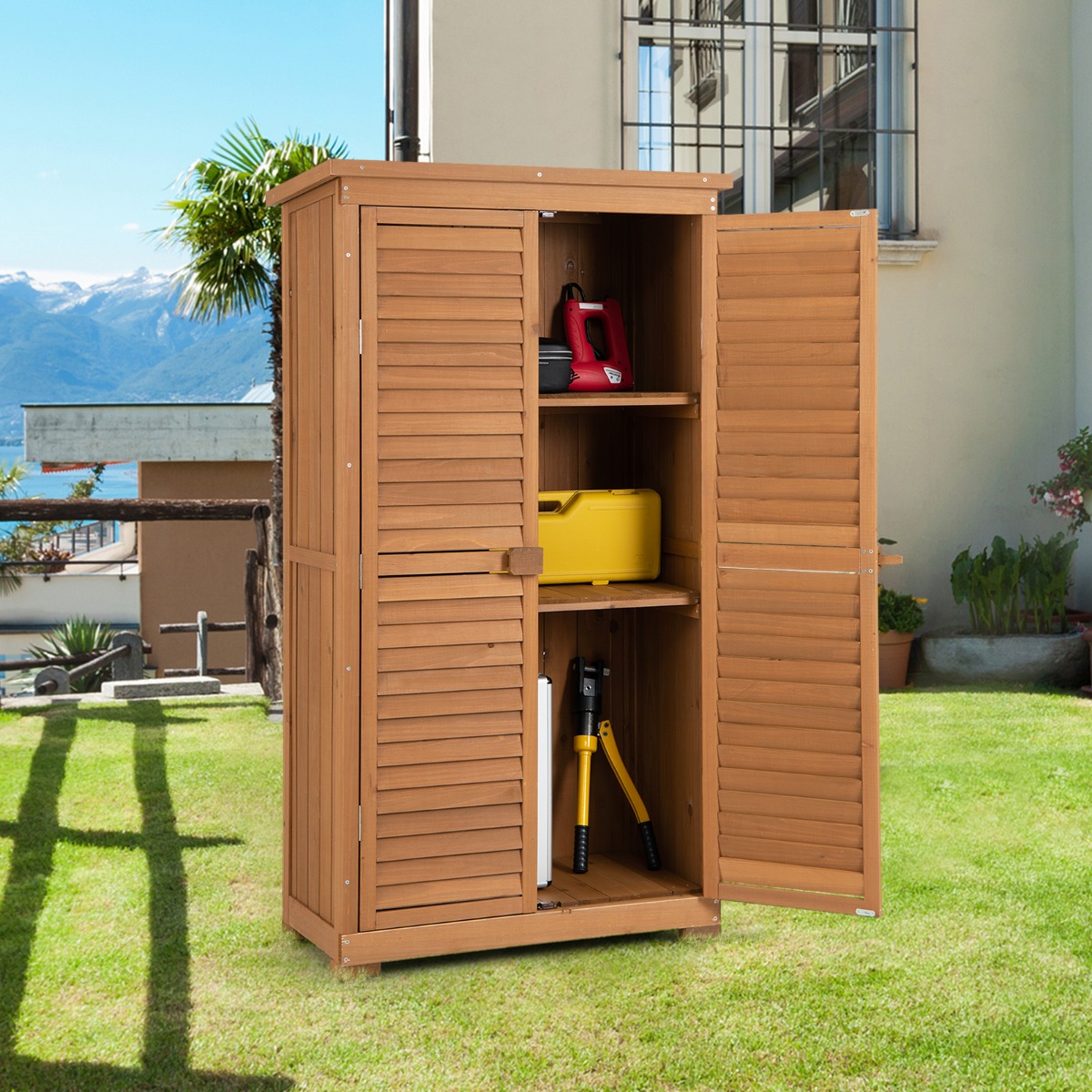 160 cm hoher Gartengeräteschrank aus Massivholz mit 3 herausnehmbaren Regalen & wetterfestem Asphaltdach