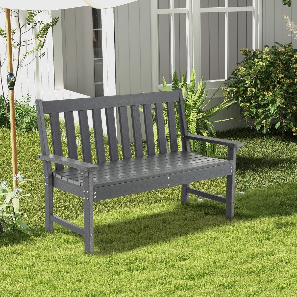 132 cm Lange Sitzbank Allwetter-Gartenbank aus HDPE für 2-3 Sitzer 132 x 65 x 91 cm Grau