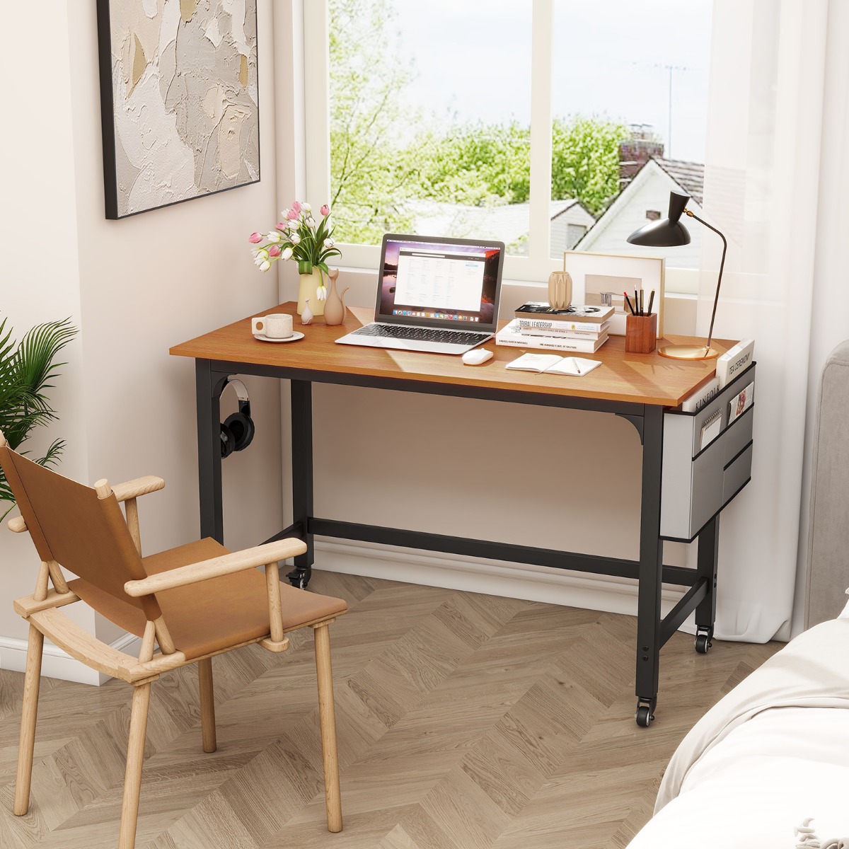 Schreibtisch mit Rollen Computertisch mit Abnehmbarer Stofftasche und Kopfhörerhaken 120 x 60 x 75 cm Natur