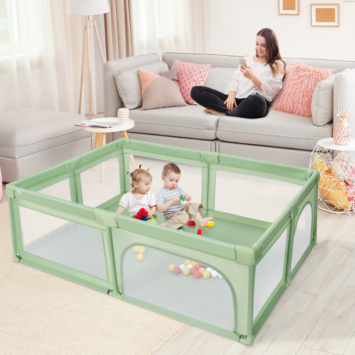 Laufgitter Baby Laufstall mit 50 Bällen & 2 Türen 205 x 147 x 68,5 cm Grün