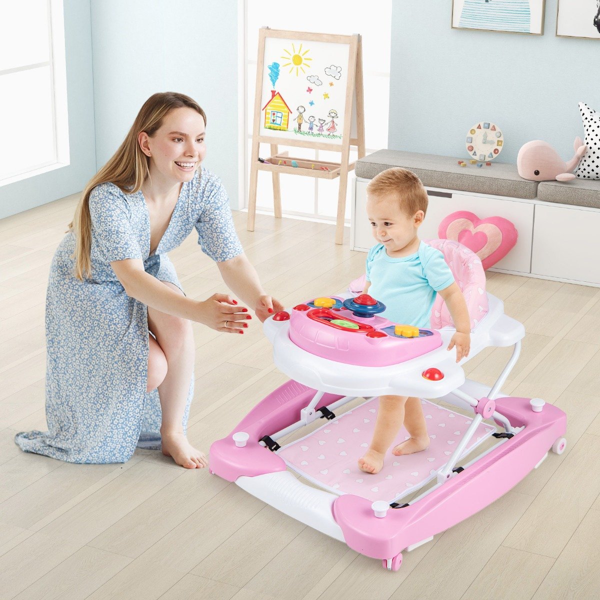 6 in 1 Lauflernhilfe Lauflernwagen mit abnehmbarem Spielboard & Fußpolste Rosa