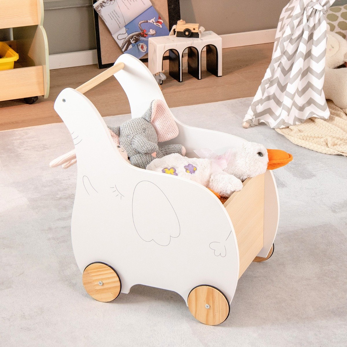 2 in 1 Elefantenform Lauflernwagen aus Holz mit Großer Spielzeugkiste Lauflernhilfe Weiß