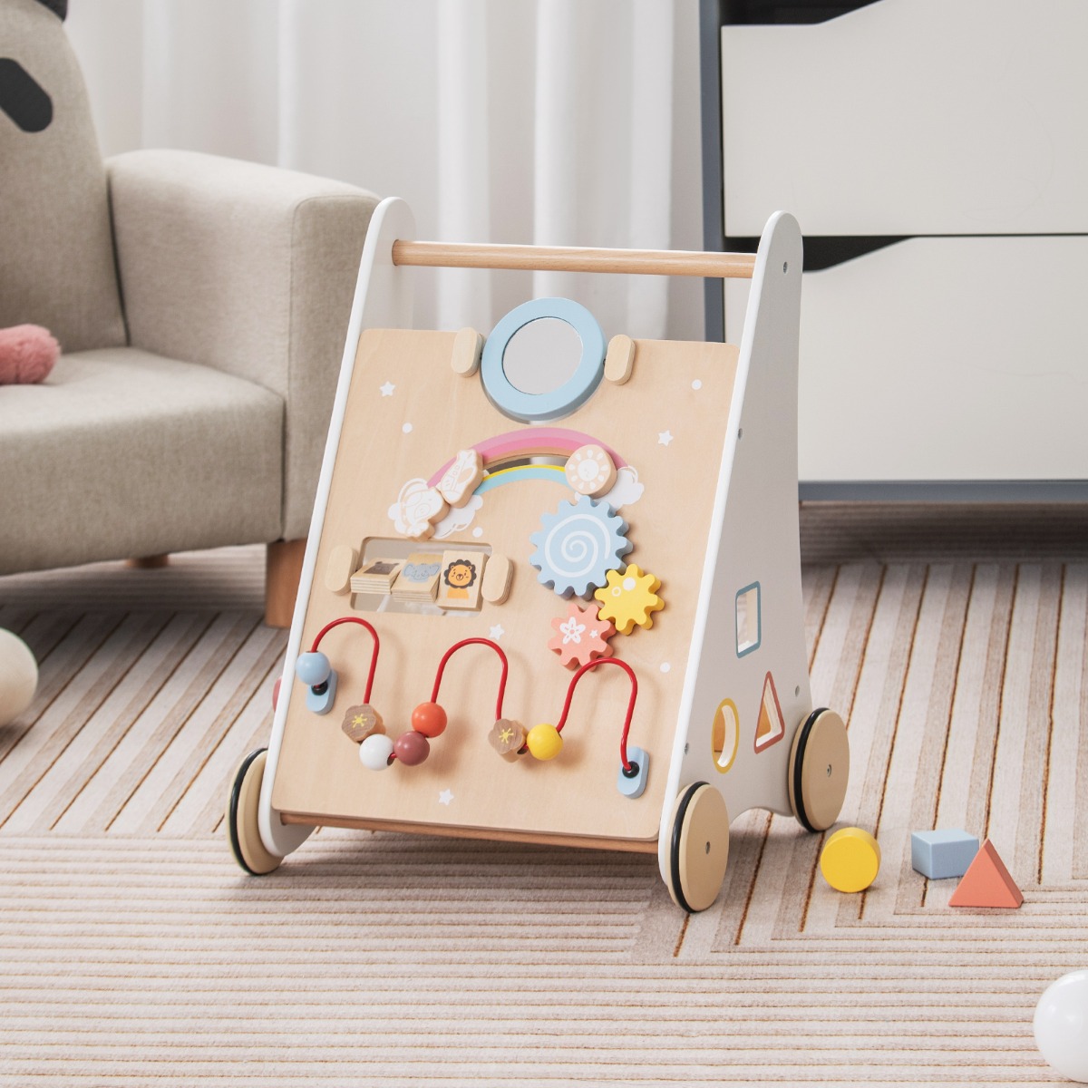 7 in 1 Lauflernhilfe aus Holz mit Spielbrett & Spiegel & Bauklötzen & Aufbewahrungsbox Lauflernwagen