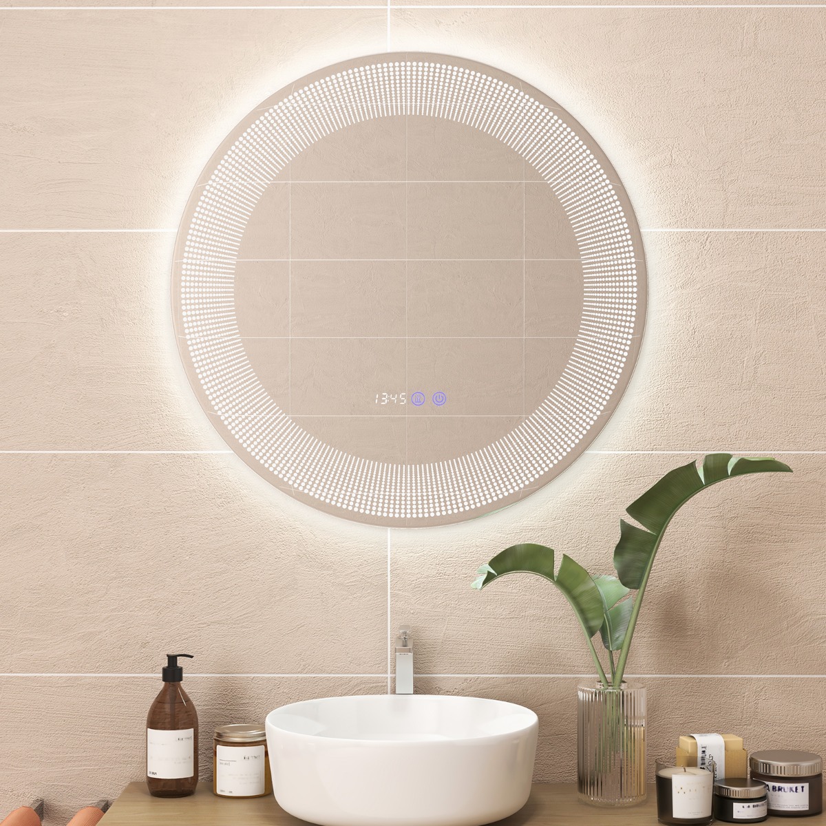 Ø 60 cm LED-Badezimmerspiegel mit 3-farbigen Lichtern & Touch-Schalter Kosmetikspiegel