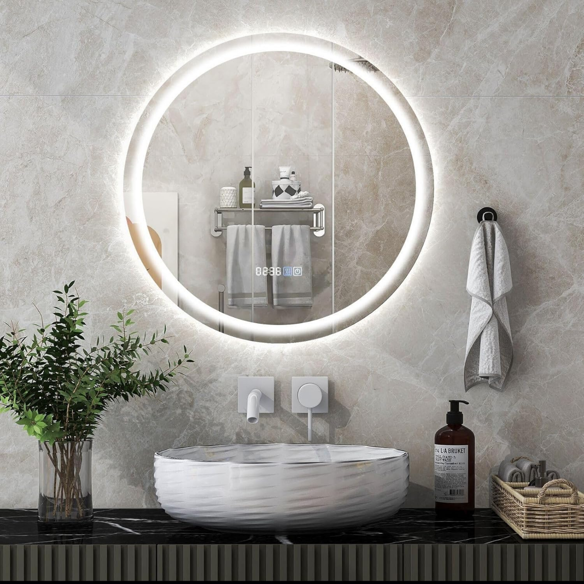 Badspiegel mit Anti-Beschlage Uhr Touchschalter & Memory-Funktion Spiegelheizung LED Spiegel dimmbar 3000K-6000K 60 x 60 cm