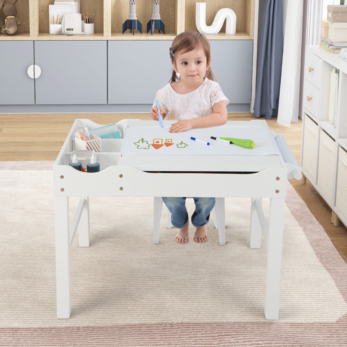 2 in 1 Kindertisch aus Kiefernholz mit Umkehrbarer Tischplatte & Stauraum & Papierrolle Weiß