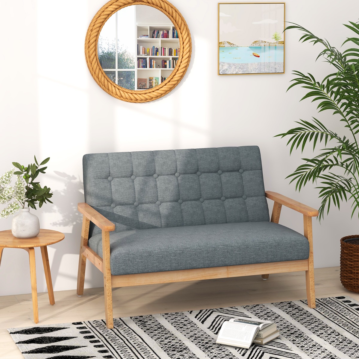 2 Sitzer Gepolstertes Sofa mit Gummiholzrahmen & Klassischem Knopfdesign 114 x 72 x 77 cm