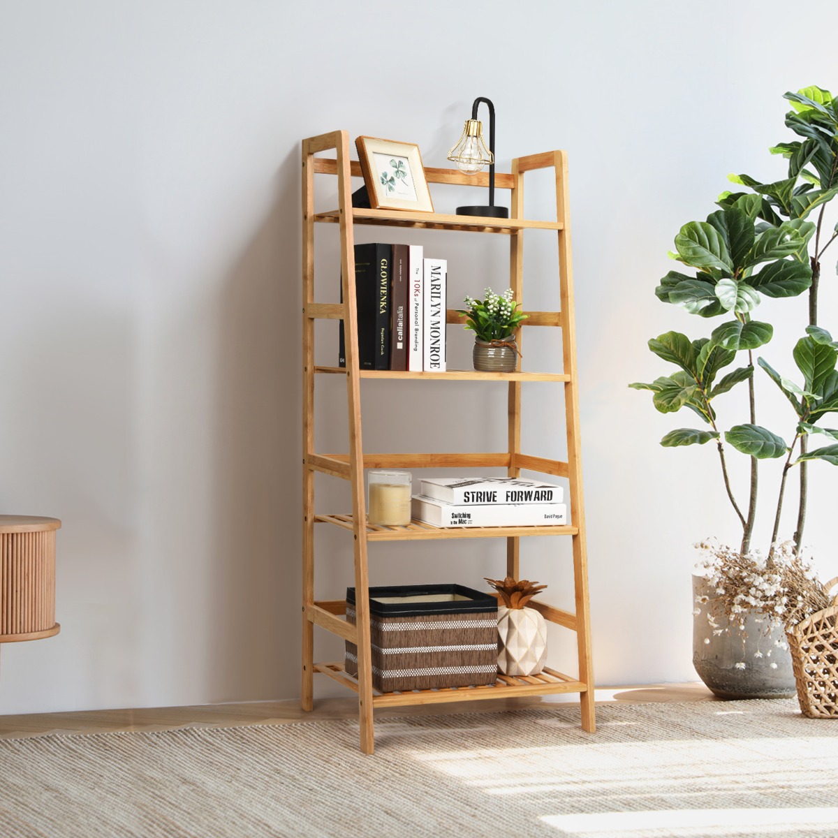 Standregal mit 4 Ebenen Leiterregal aus Bambus Bücherregal Pflanzenregal Balkonregal 48 x 32 x 115 cm Natur
