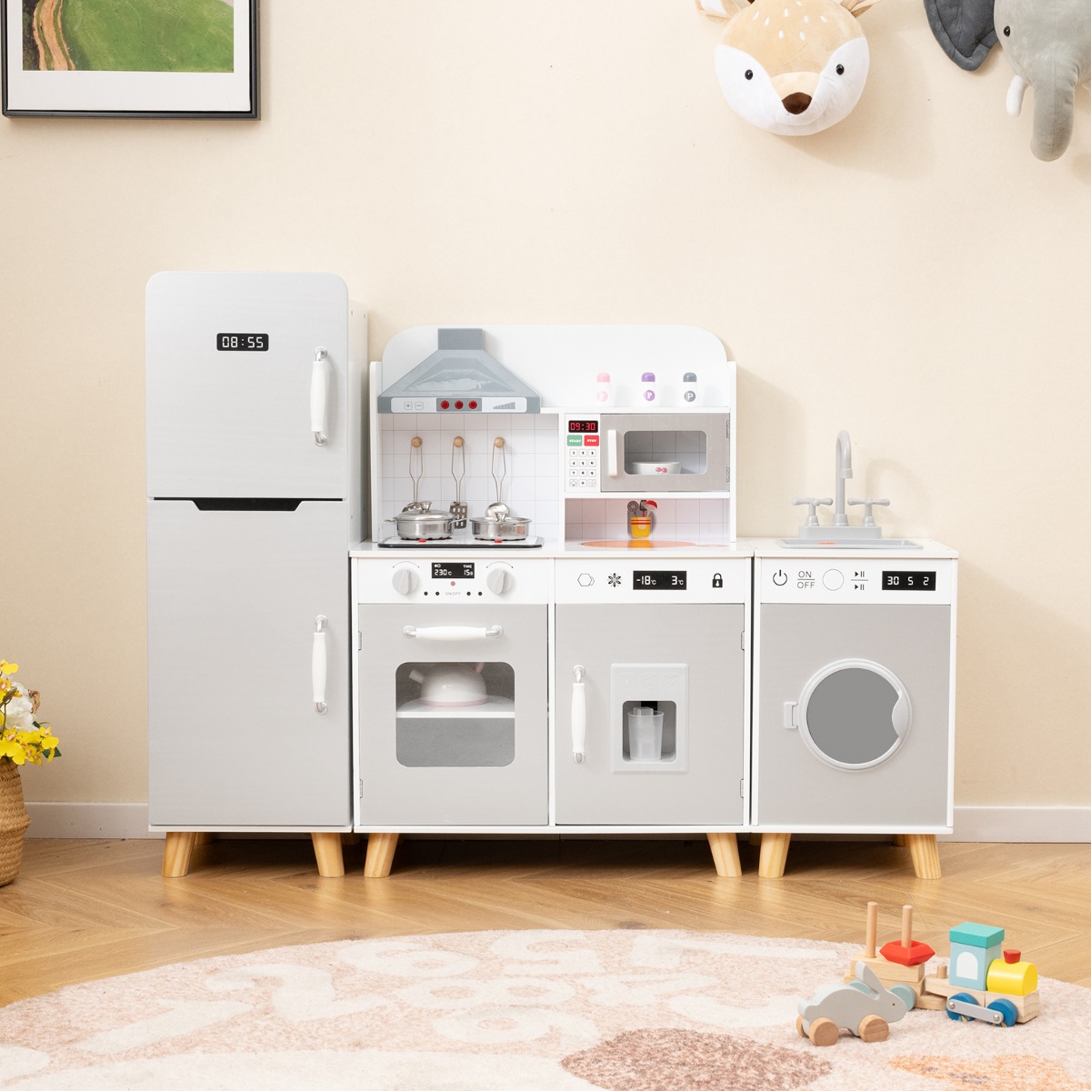 3 in 1 Küchenspielzeug mit Kühlschrank & Waschmaschine Spielküchen-Set für Kinder Grau