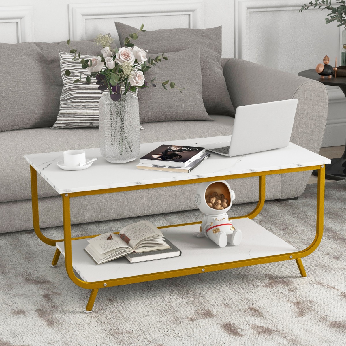 Marmor Couchtisch Rechteckiger Couchtisch mit 2 Ebenen 105 x 55 x 46,5 cm Weiß