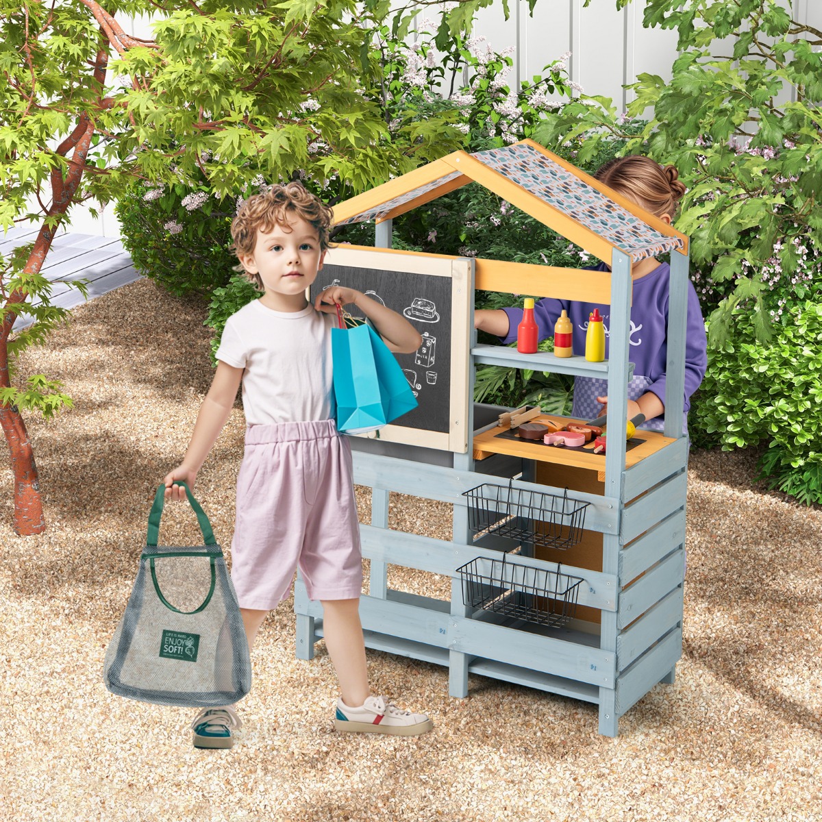 2-IN-1 Matschküche Kinder Outdoor Kinderküche Holz mit Tasche & Körben 75 x 34 x 111 cm Multicolor