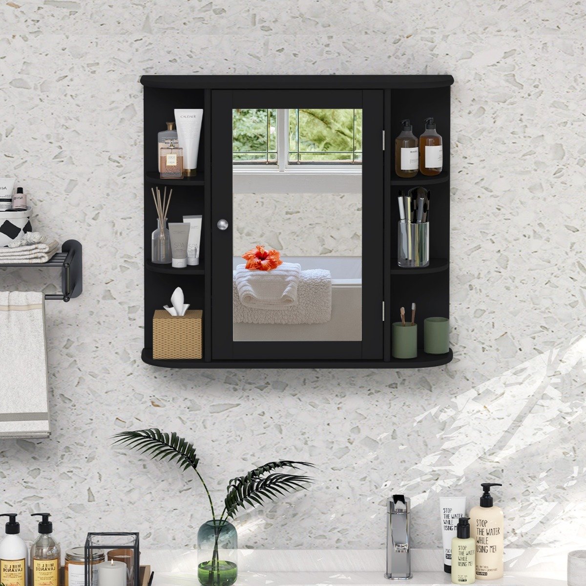 Spiegelschrank Bad 4 Fächer & 6 offene Ablagen Badezimmerschrank mit Spiegel 66 x 17 x 63 cm Schwarz