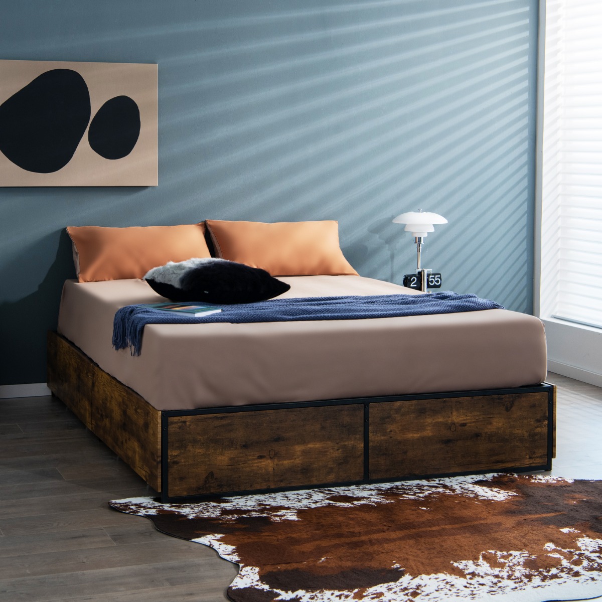 Doppelbettrahmen Strapazierfähiges Metallbett mit 4 Schubladen Holzfußende Rustikales Braun