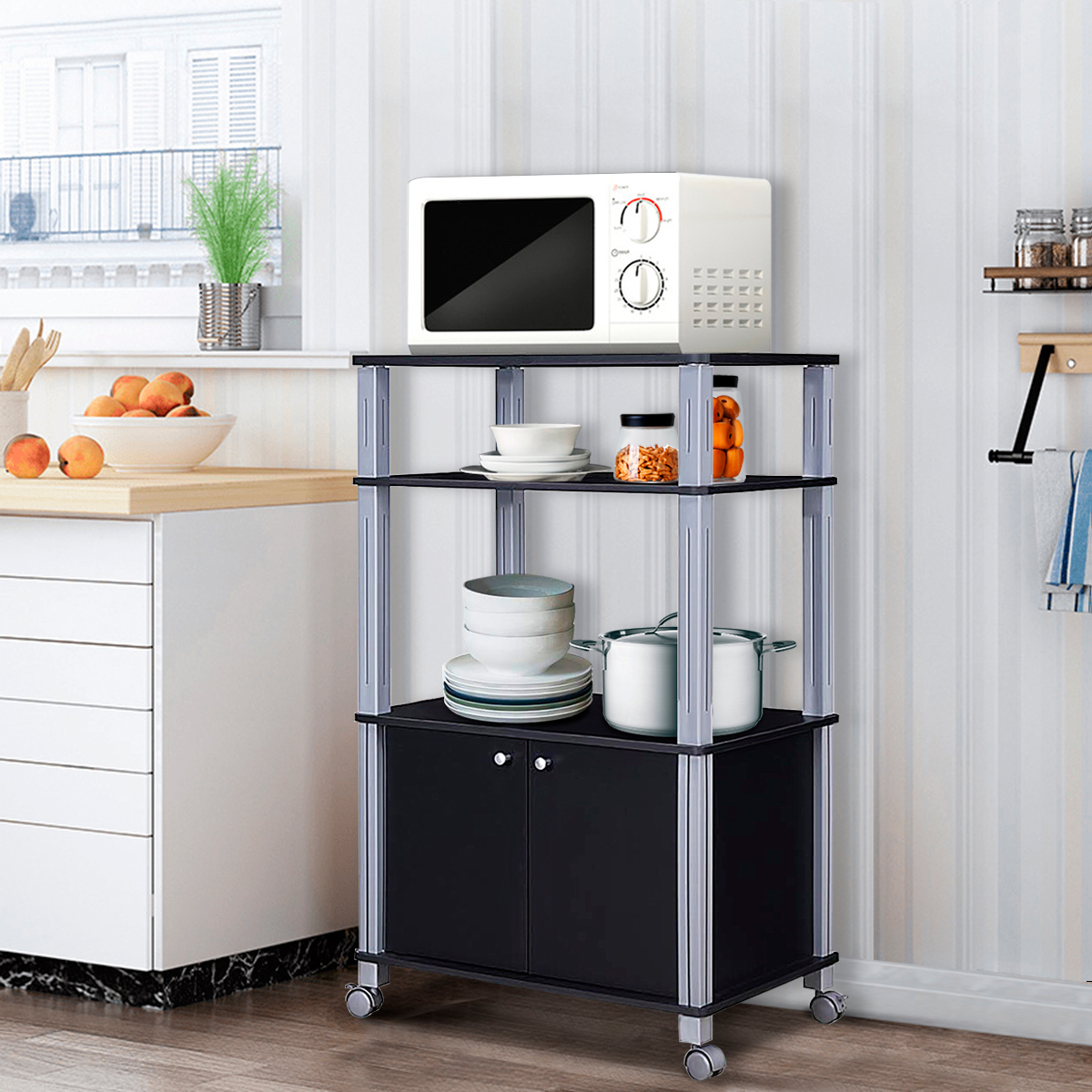 Mikrowellenregal mit 3 Schichten und Schrank Küchenwagen Servicewagen aus Metall und Holz Schwarz