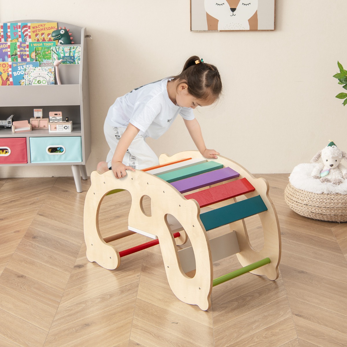 2 in 1 Schaukelpferdbogen für Kinder mit Wippe & Kletterbogen & Bequemer Rückenlehne & Sitz