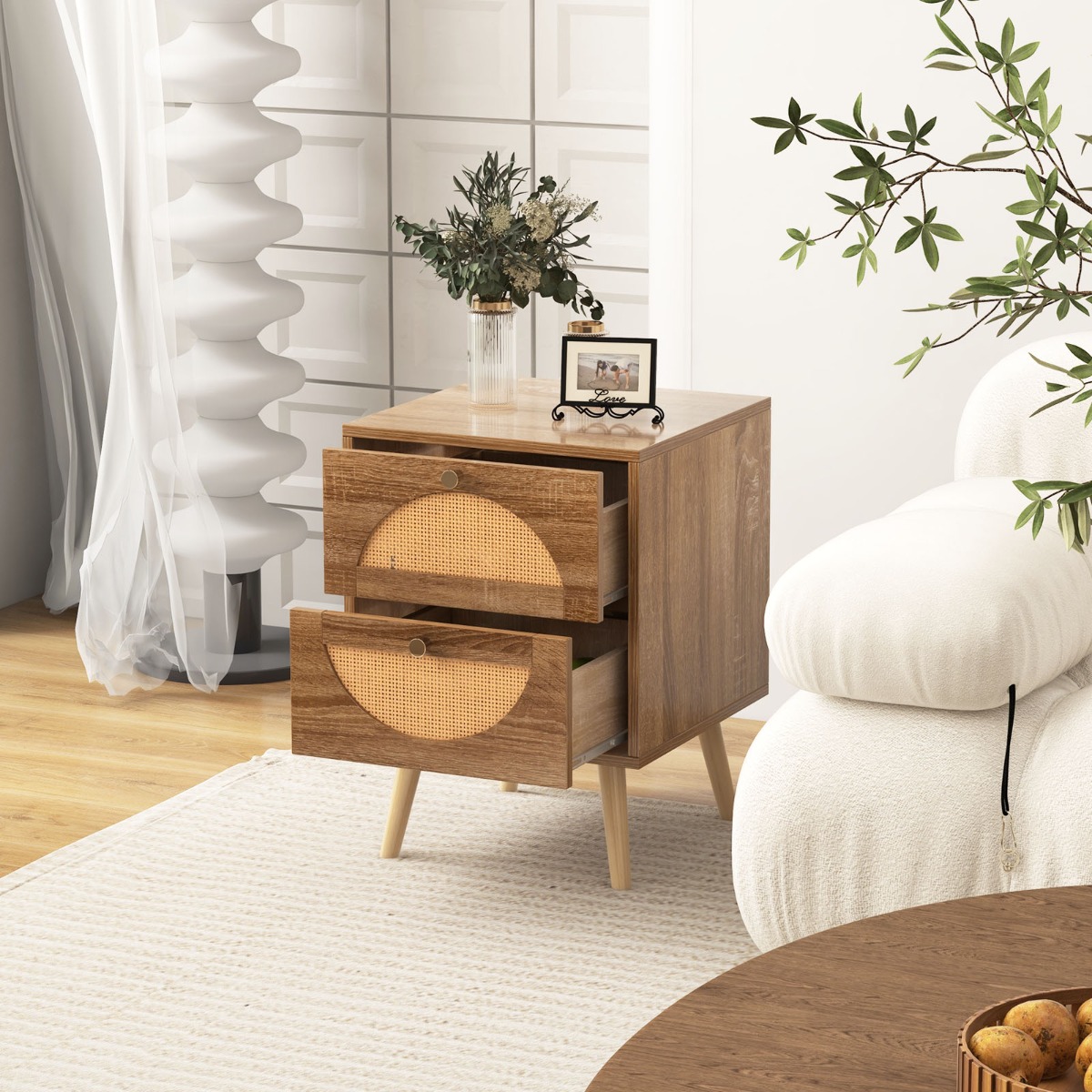 2er Set Rattan Nachttisch mit 2 Schubladen & Massivholz Beinen Beistelltisch Sofatisch