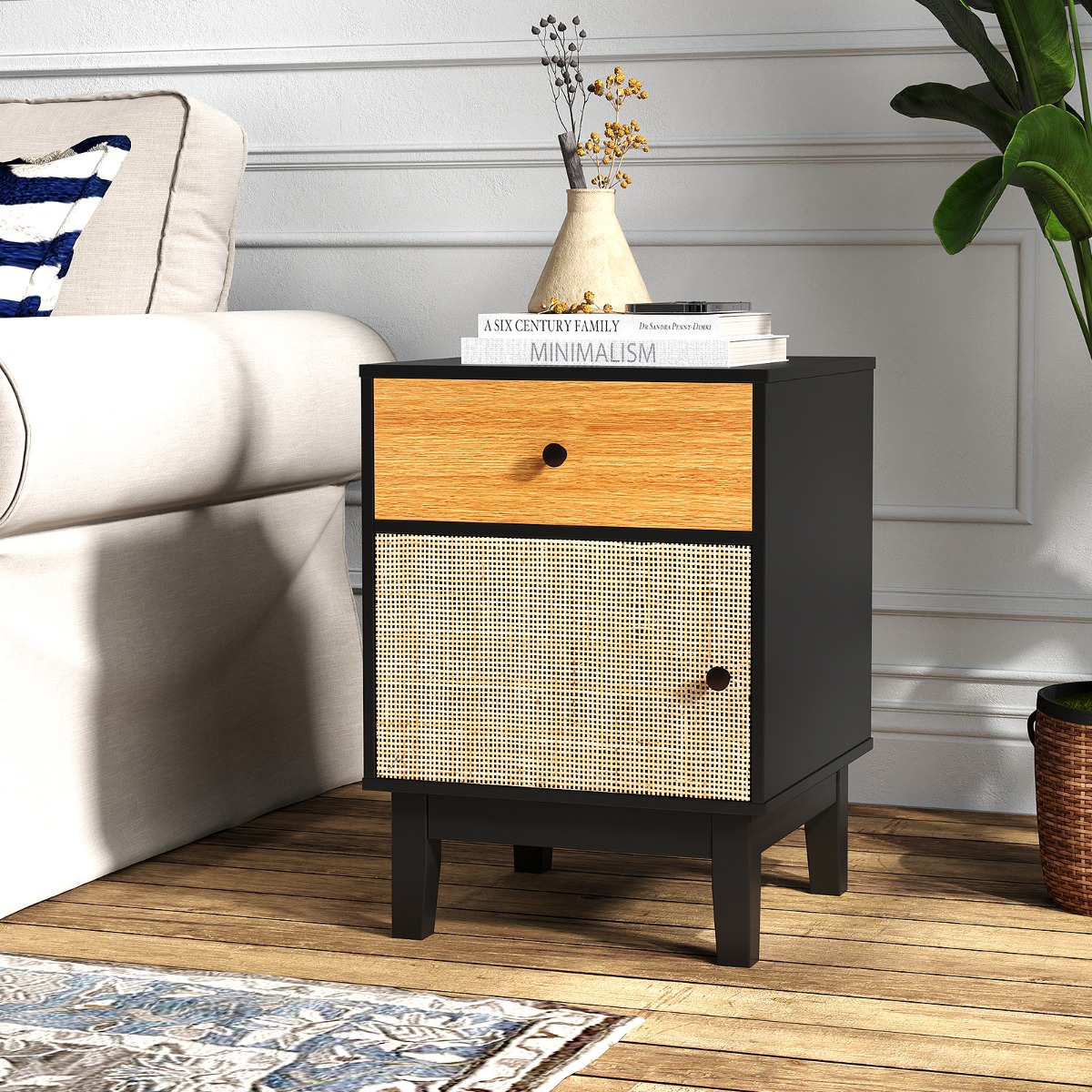 Rattan Nachttisch mit Schublade & Schrank Nachtschrank Beistelltisch Sofatisch im Boho Stil