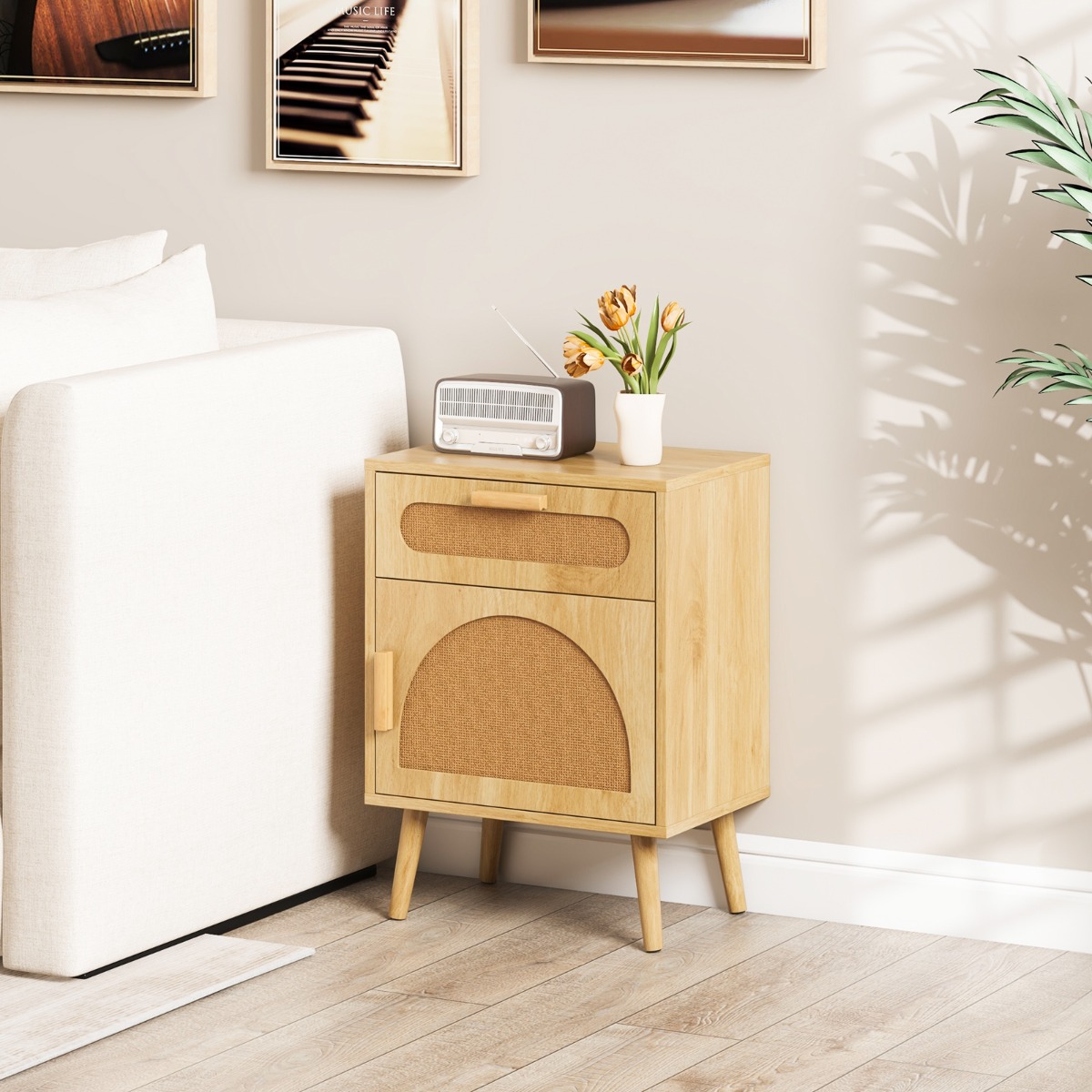 Rattan Nachttisch mit Schublade & Schrank Nachtschrank im Boho-Stil Beistelltisch Sofatisch