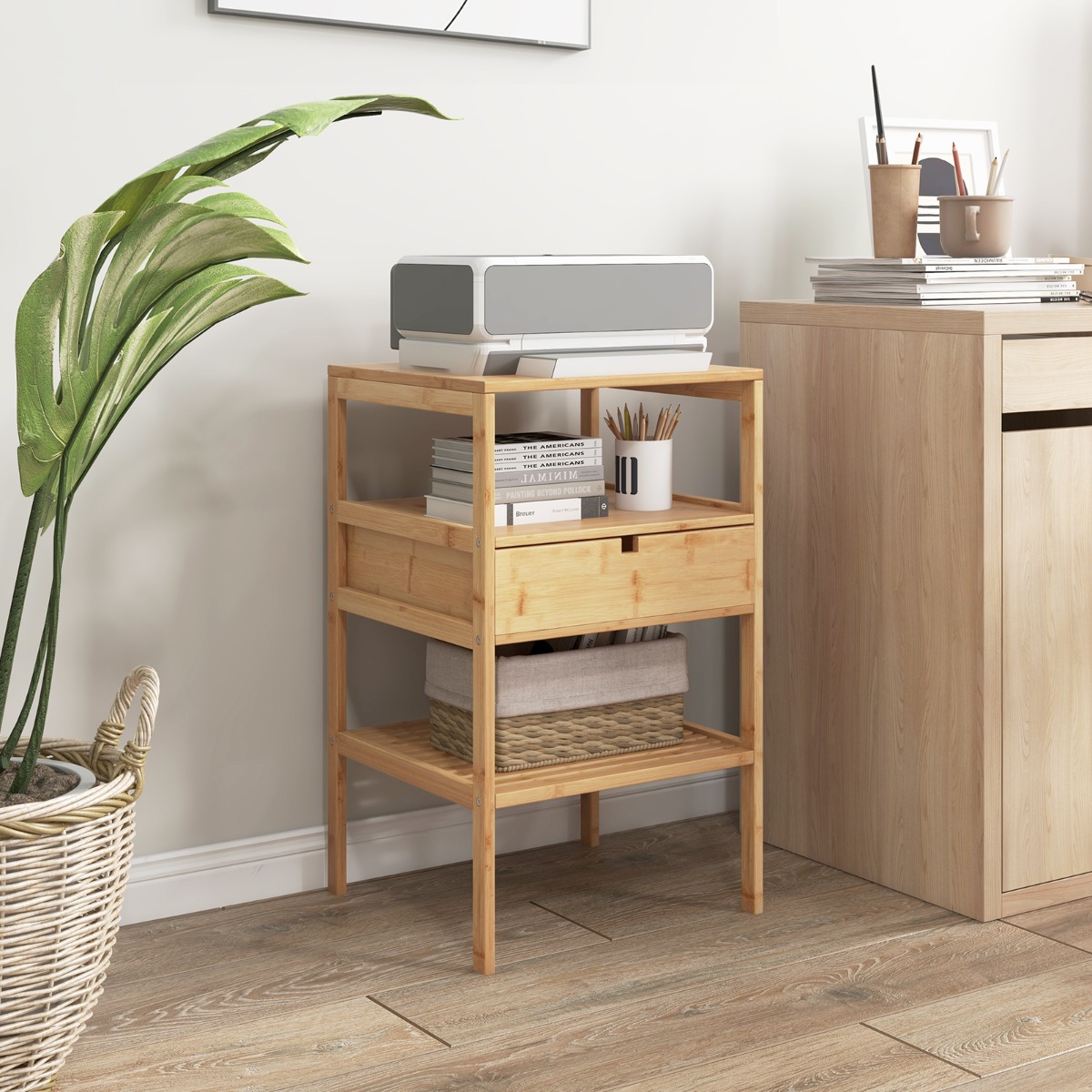 2er Set Bambus Nachttisch mit Schublade & Lattenregal 3-stufiger Beistelltisch Nachtkonsole Nachtschrank