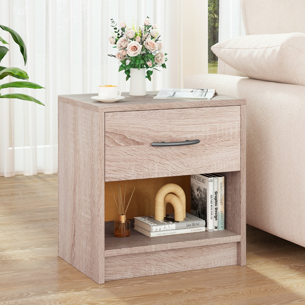 Nachttisch mit Schublade Kleiner Beistelltisch mit offenem Fach 38,5 x 28 x 40,5 cm Natur