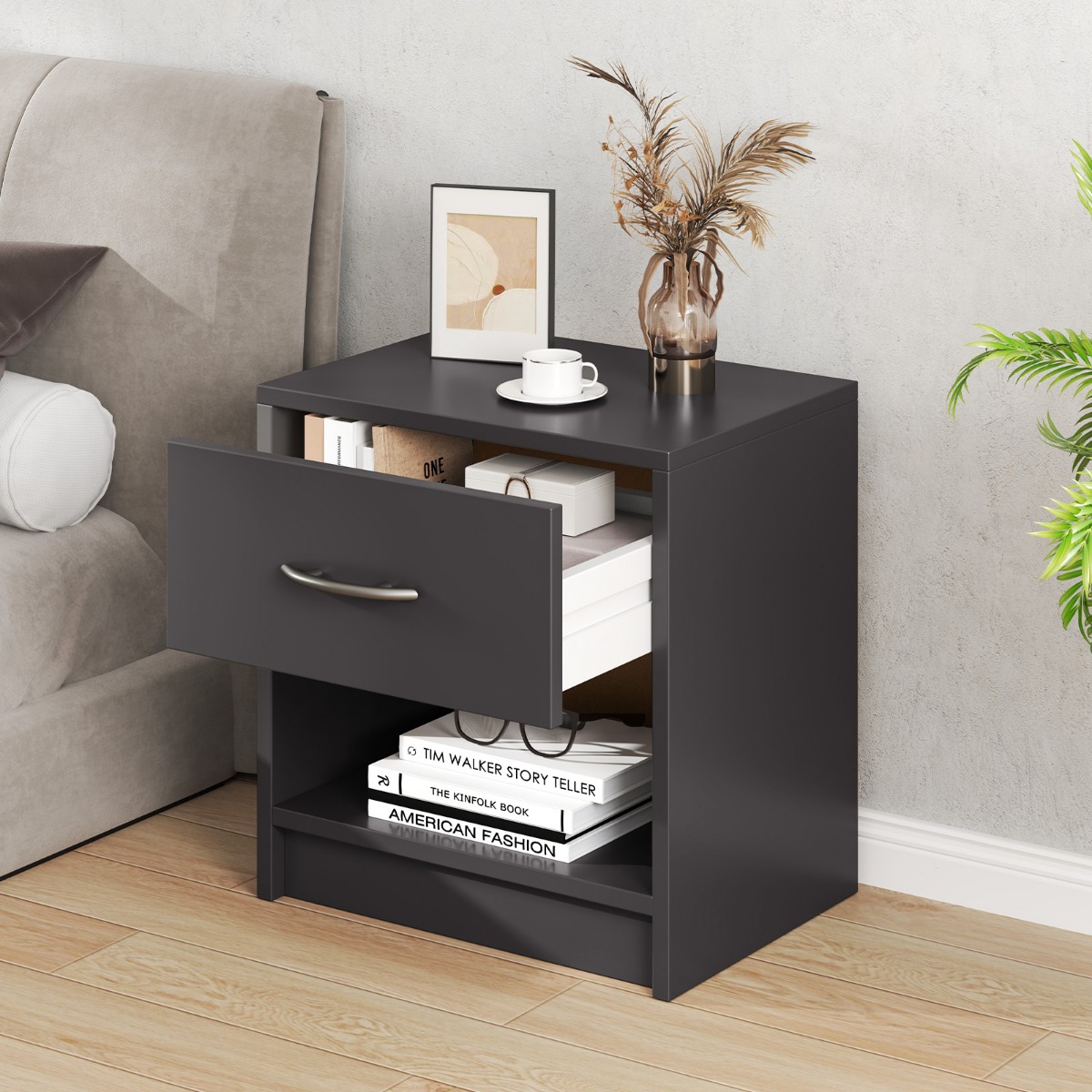 Nachttisch mit Schublade Kleiner Beistelltisch mit offenem Fach 38,5 x 28 x 40,5 cm Grau