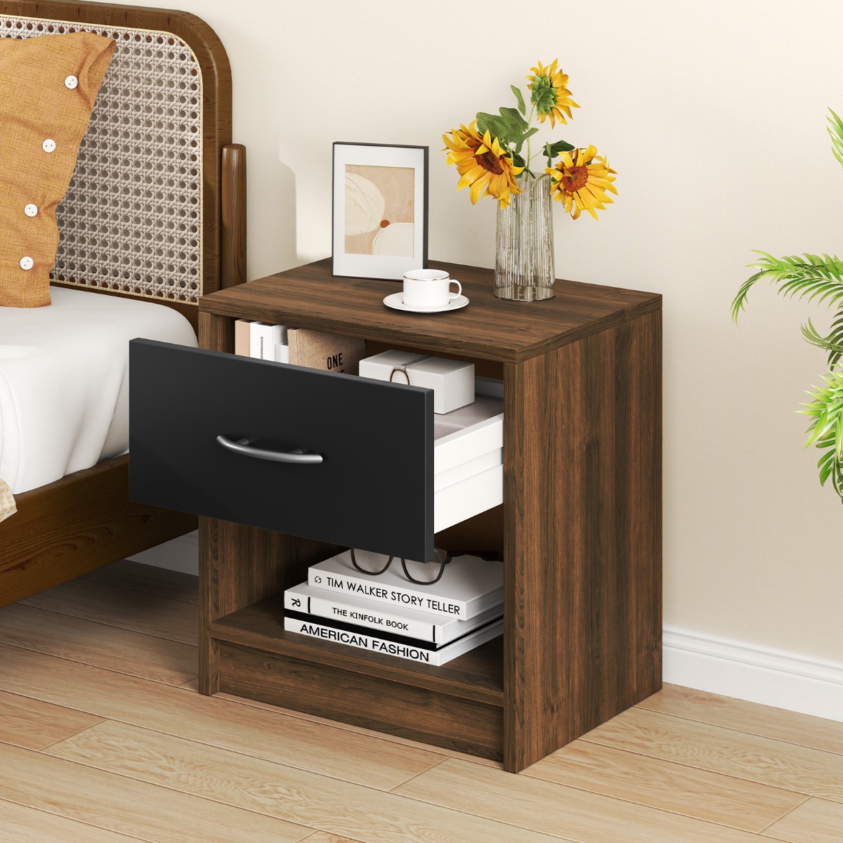 Nachttisch mit Schublade Kleiner Beistelltisch mit offenem Fach 38,5 x 28 x 40,5 cm Braun + Schwarz