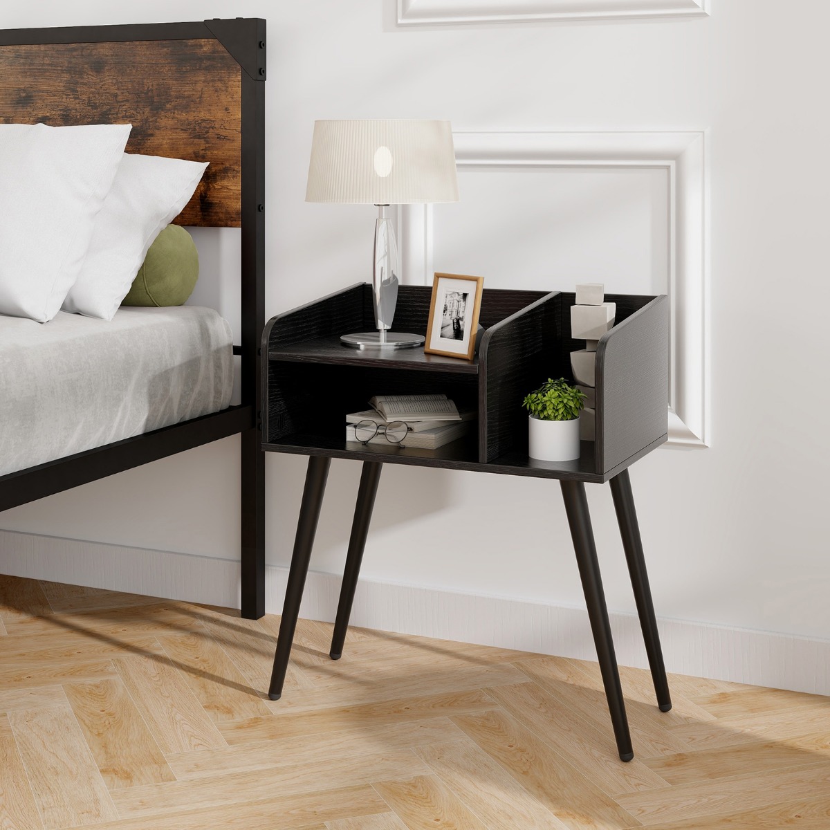 Nachttisch Beistelltisch mit offenem Fach Sofatisch mit Metallstützbeinen 50 x 32 x 58 cm Schwarz 1 Stück
