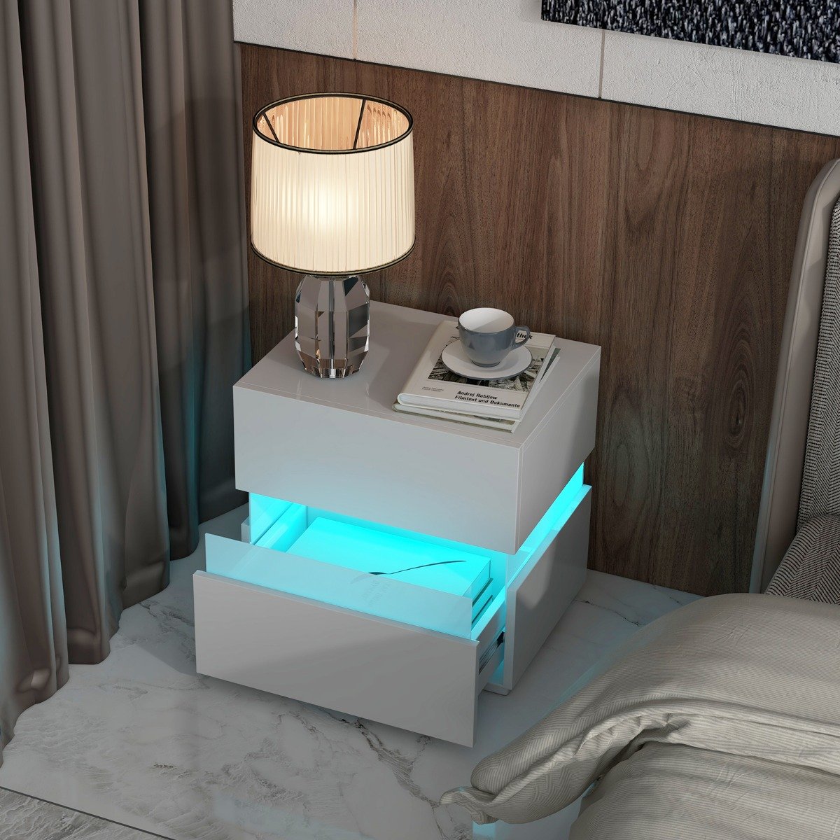 Nachttisch 2er Set LED Nachtkästchen Hochglanz Nachtschrank Nachtkommode mit 2 Schubladen Weiß